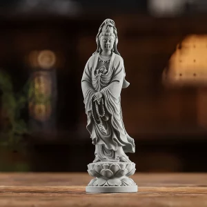 Gray Lotus Guanyin figurine with prayer beads, standing on a double lotus pedestal, 15.3 cm high