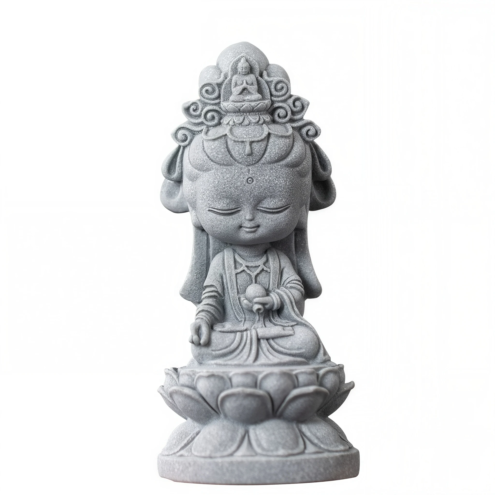 Mini Lotus Guanyin on a white background, showing the rounded face, crown and vase