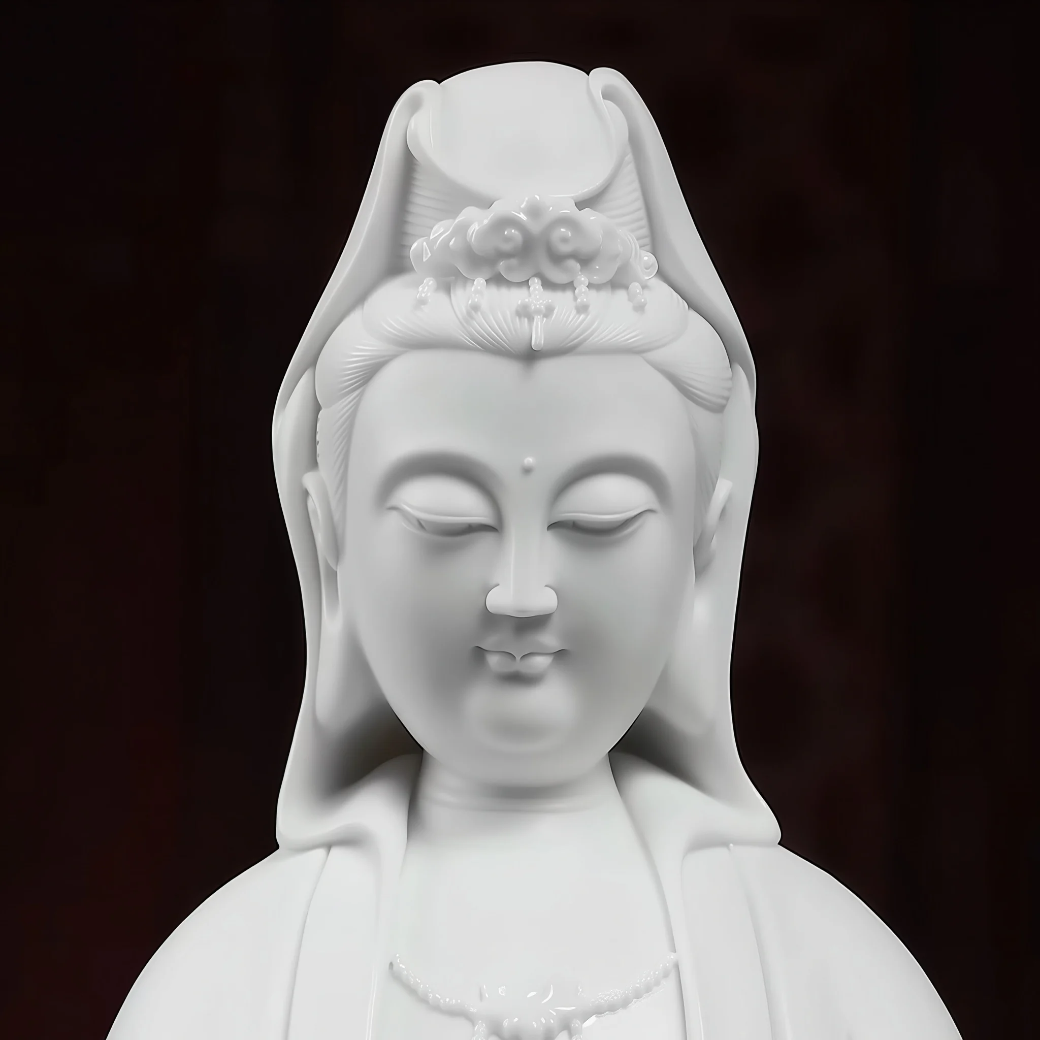 Close view of Nianzhu Kuan Yin’s lowered eyes, unpainted face and sculpted crown