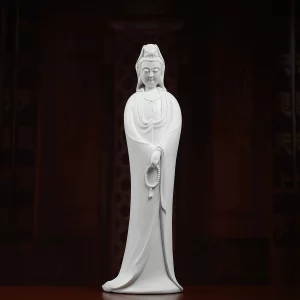 Front view of the 45.5 cm Nianzhu Guanyin statue holding prayer beads in white porcelain