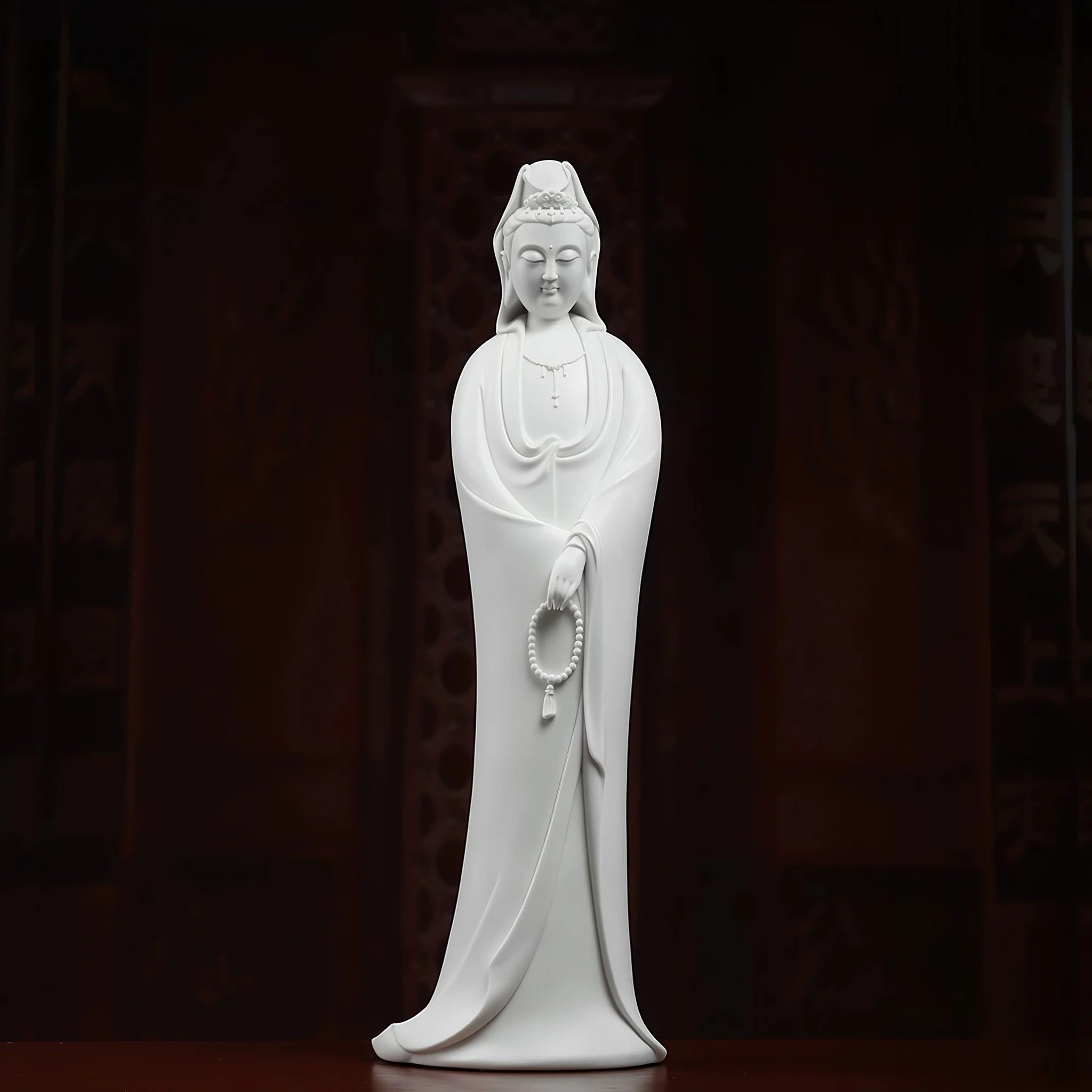 Front view of the 45.5 cm Nianzhu Guanyin statue holding prayer beads in white porcelain