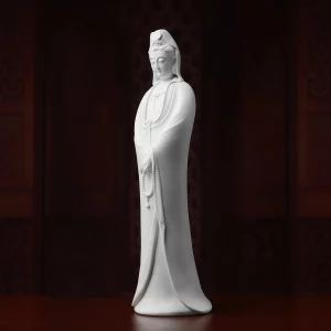 Nianzhu Guanyin — Left Three-Quarter View Left three-quarter view of Nianzhu Guanyin showing the prayer beads and long porcelain robe