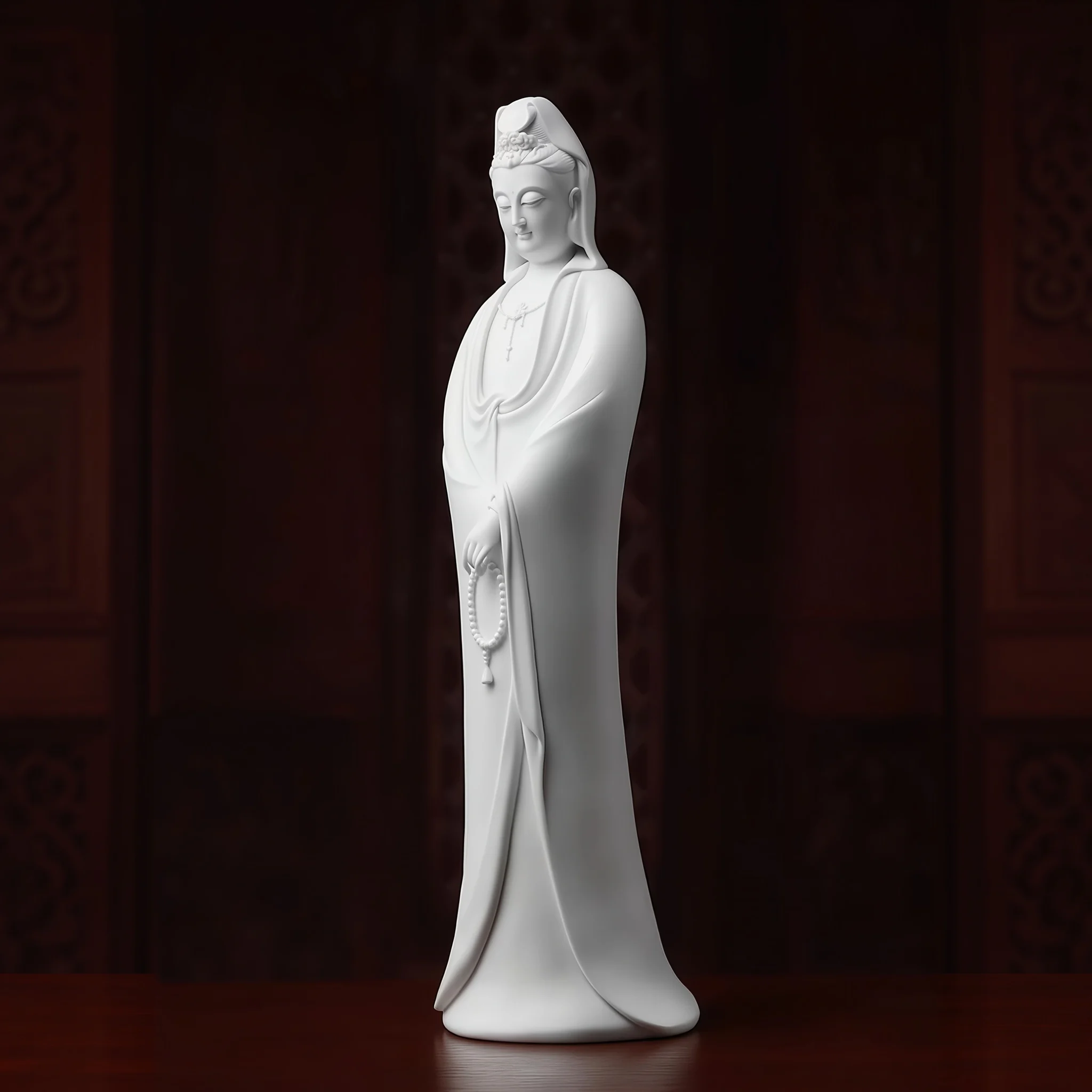 Left three-quarter view of Nianzhu Guanyin showing the prayer beads and long porcelain robe
