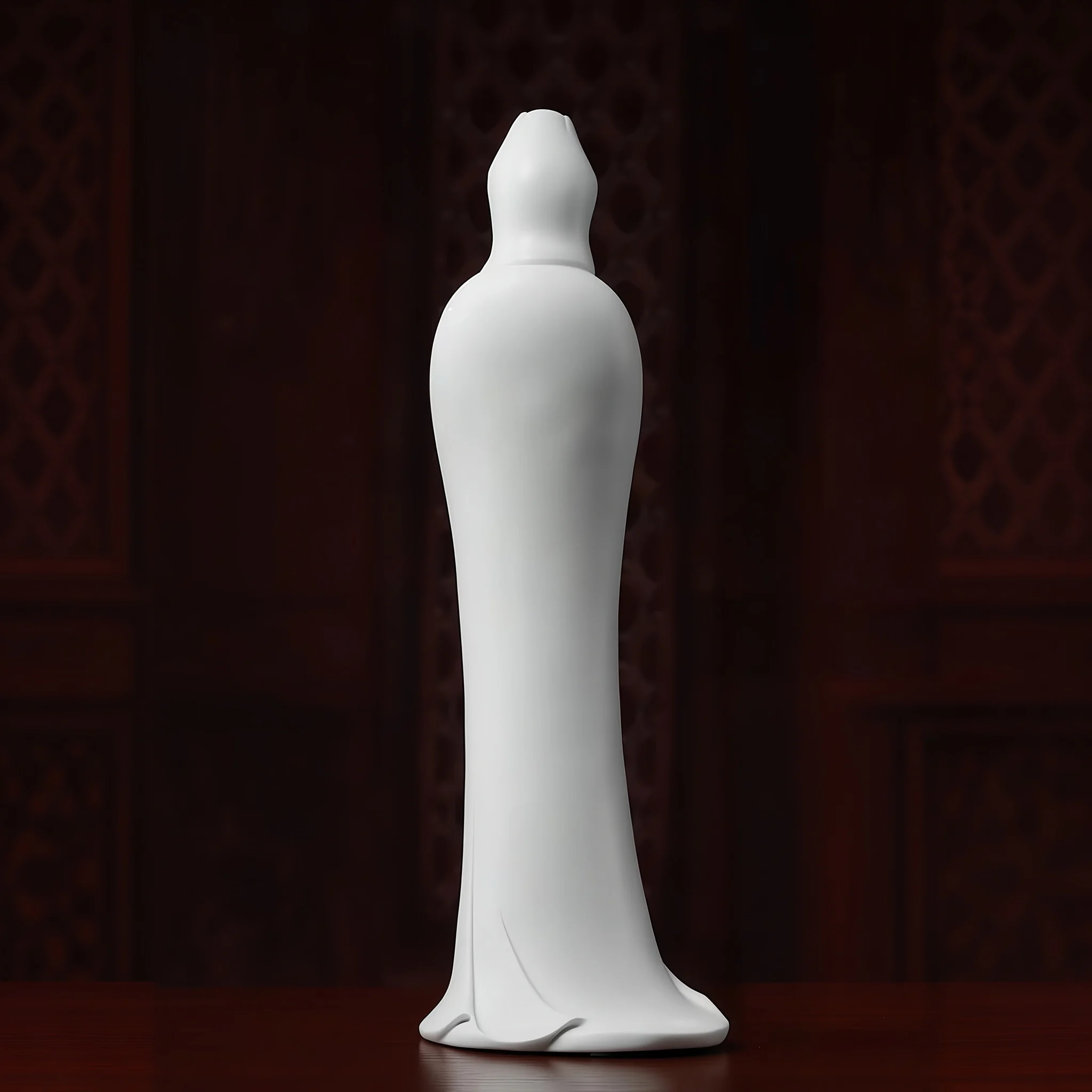 Rear view of Nianzhu Guanyin with a smooth hood and continuous white porcelain robe