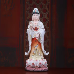 Painted porcelain standing Guanyin statue, 36 cm (14.2 in), with white and amber robes on a pink lotus base