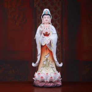 Painted porcelain standing Guanyin statue, 47 cm (18.5 in), with white and amber robes on a pink lotus base