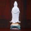 Back view of a painted porcelain Guanyin statue showing white robe folds and the rear of the lotus pedestal