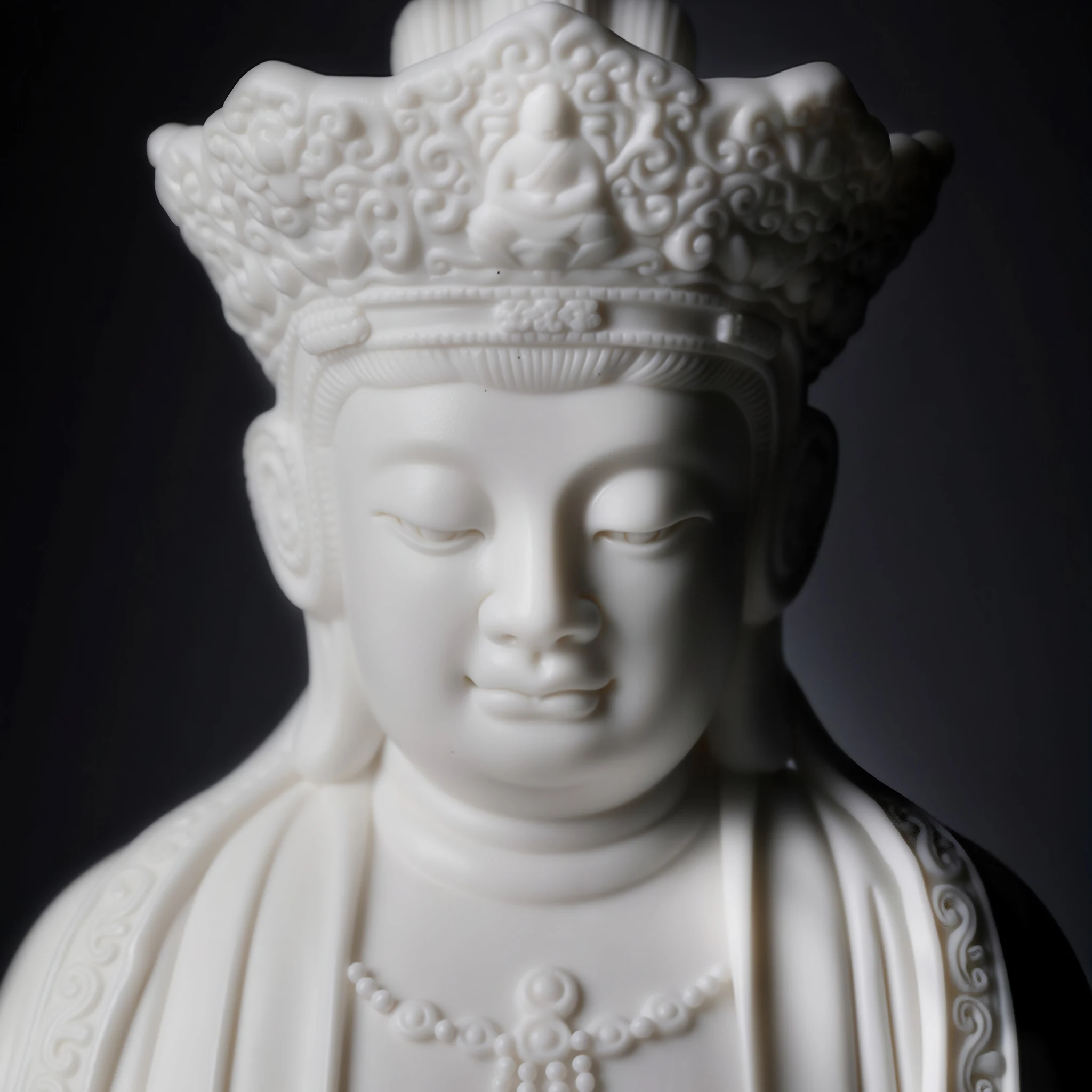 Close-up of the lowered eyes and sculpted crown on the 22 cm (8.7 in) Pilu Guanyin statue in white porcelain