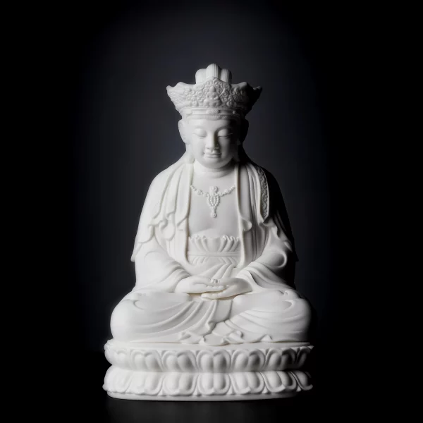 Full figure with an ornate crown, resting hands and double lotus seat on the 22 cm (8.7 in) Pilu Guanyin statue in white porcelain
