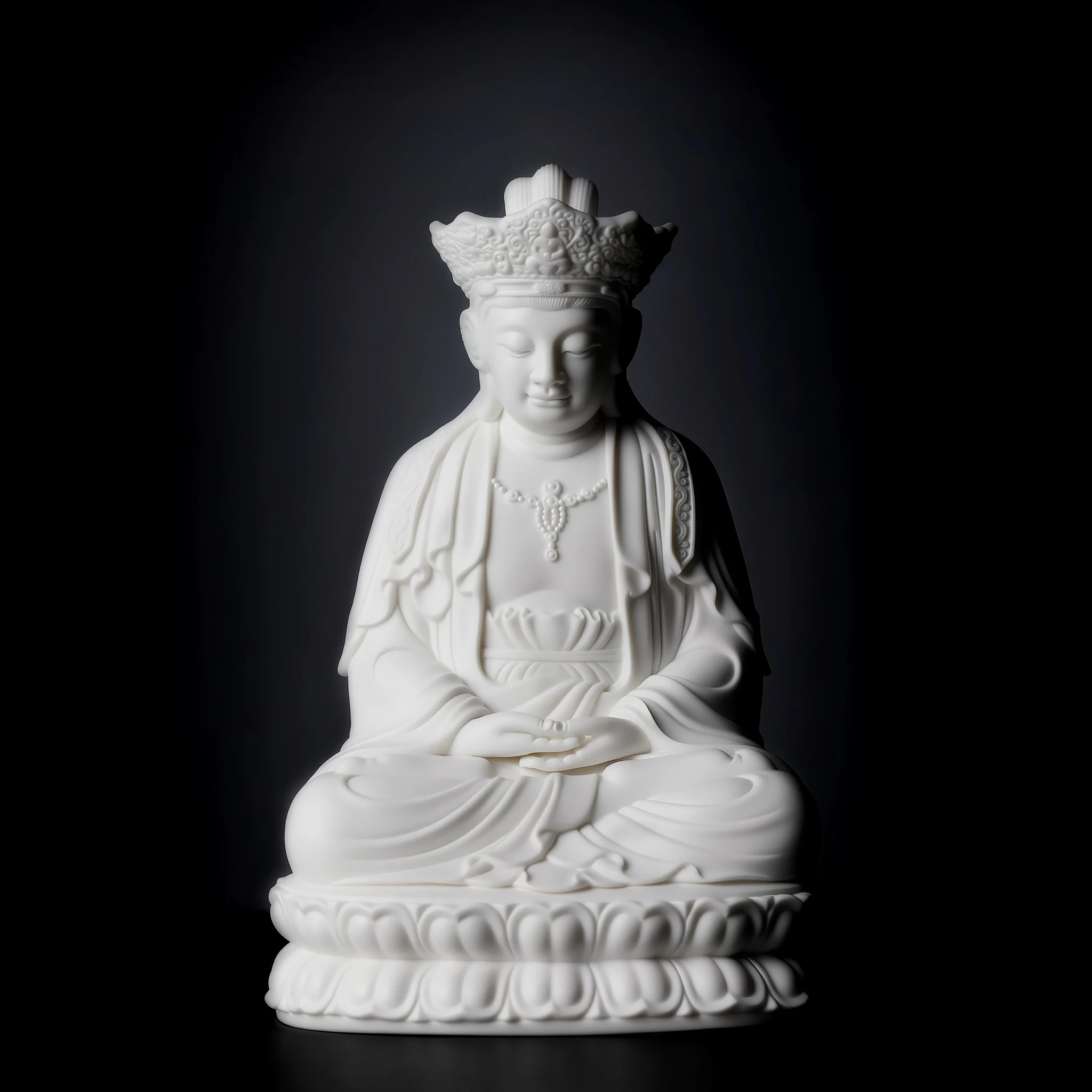 Full figure with an ornate crown, resting hands and double lotus seat on the 22 cm (8.7 in) Pilu Guanyin statue in white porcelain