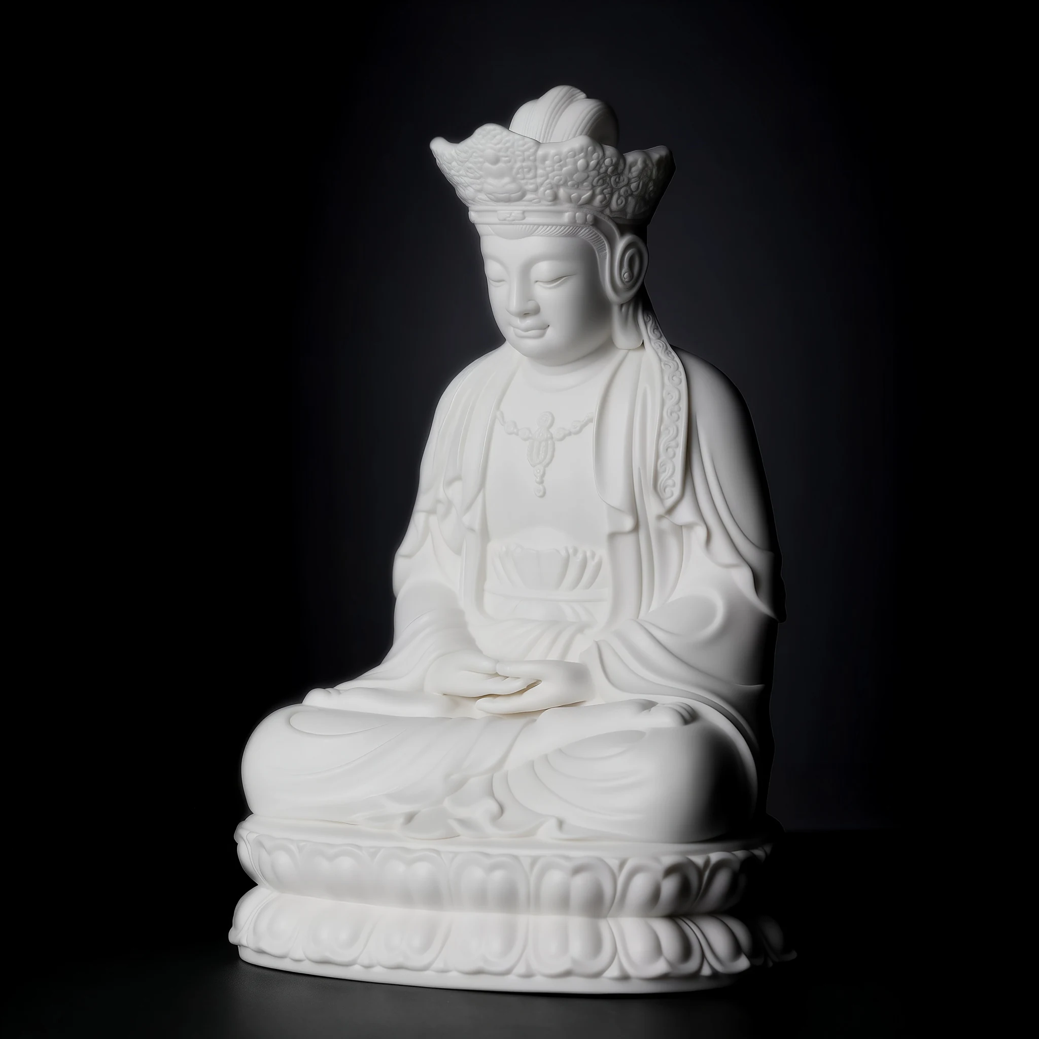 Angled view of the crown, layered robes and rounded lotus petals on the 22 cm (8.7 in) Pilu Guanyin statue in white porcelain