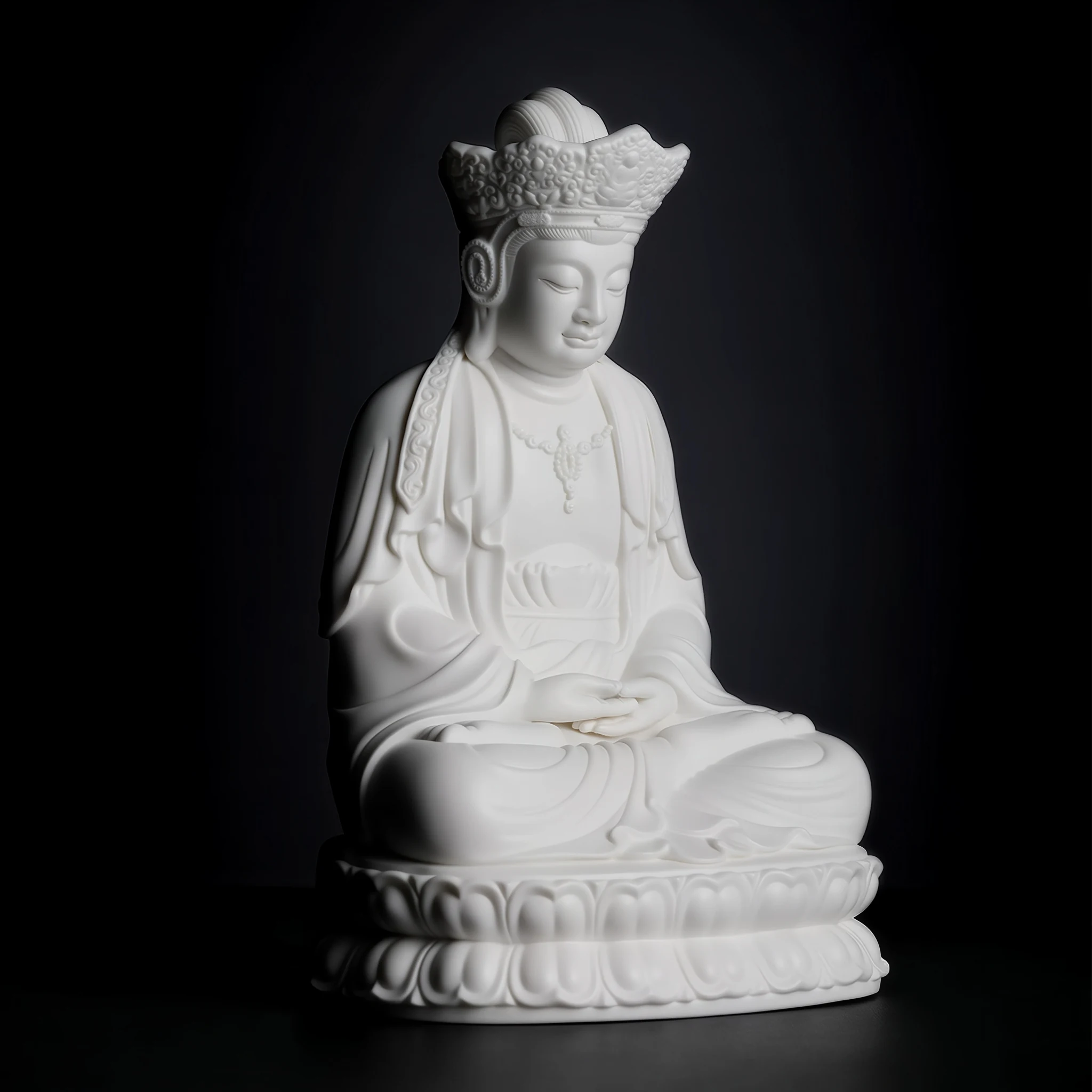 Opposite angled view of the crowned figure, folded legs and lotus pedestal on the 22 cm (8.7 in) Pilu Guanyin statue in white porcelain