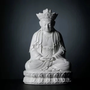 Full figure with an ornate crown, resting hands and double lotus seat on the 47 cm (18.5 in) Pilu Guanyin statue in white porcelain