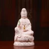 Pink porcelain Guanyin holding a green willow branch and gold-colored vase; front view on a rounded lotus, 30 cm (11.8 in) tall