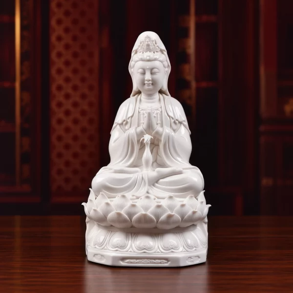 29.5 cm (11.6 in) white porcelain Hezhang Guanyin with joined palms, a vase on the lap and open lotus petals