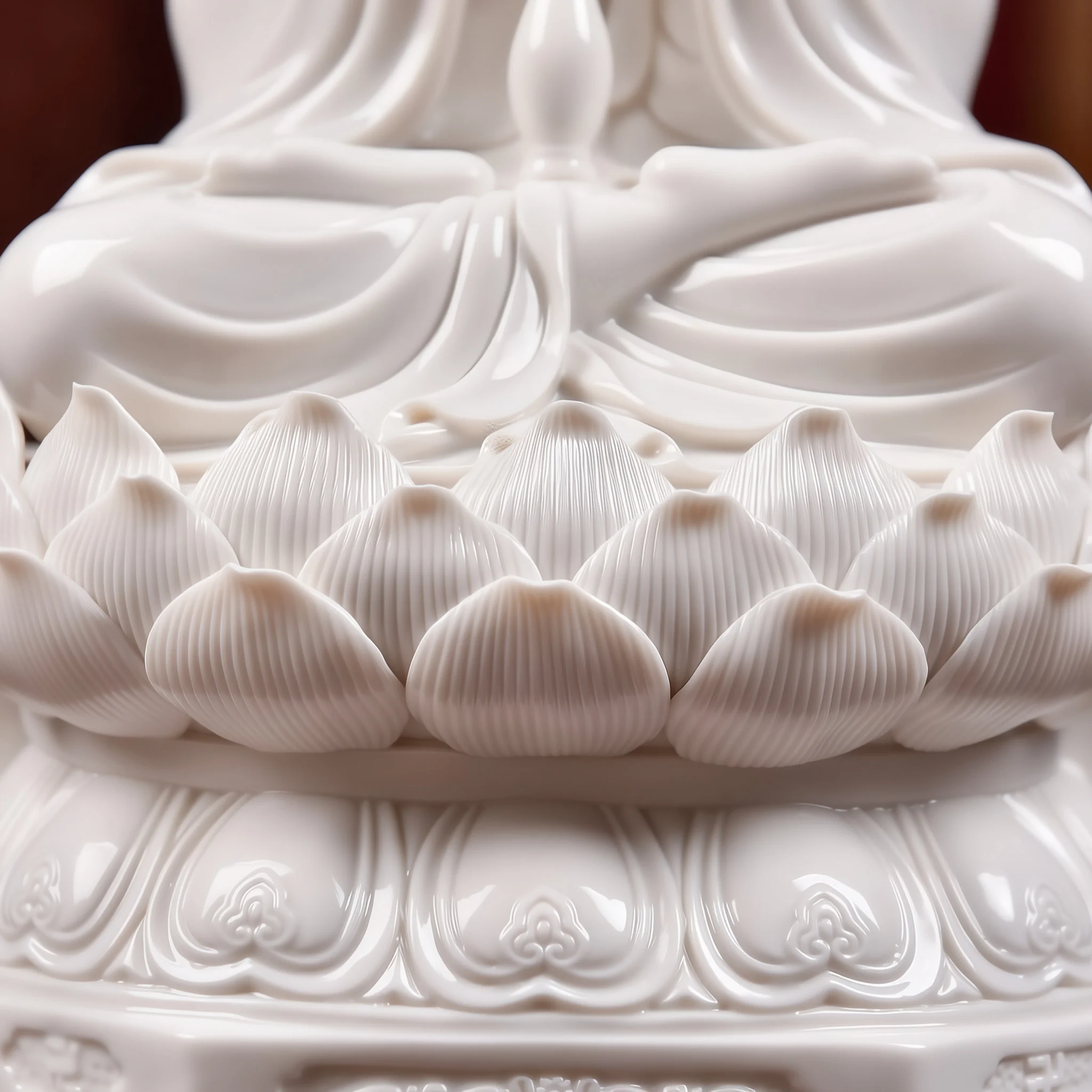 Finely ridged lotus petals and raised ornament on the base of the 29.5 cm (11.6 in) Hezhang Guanyin