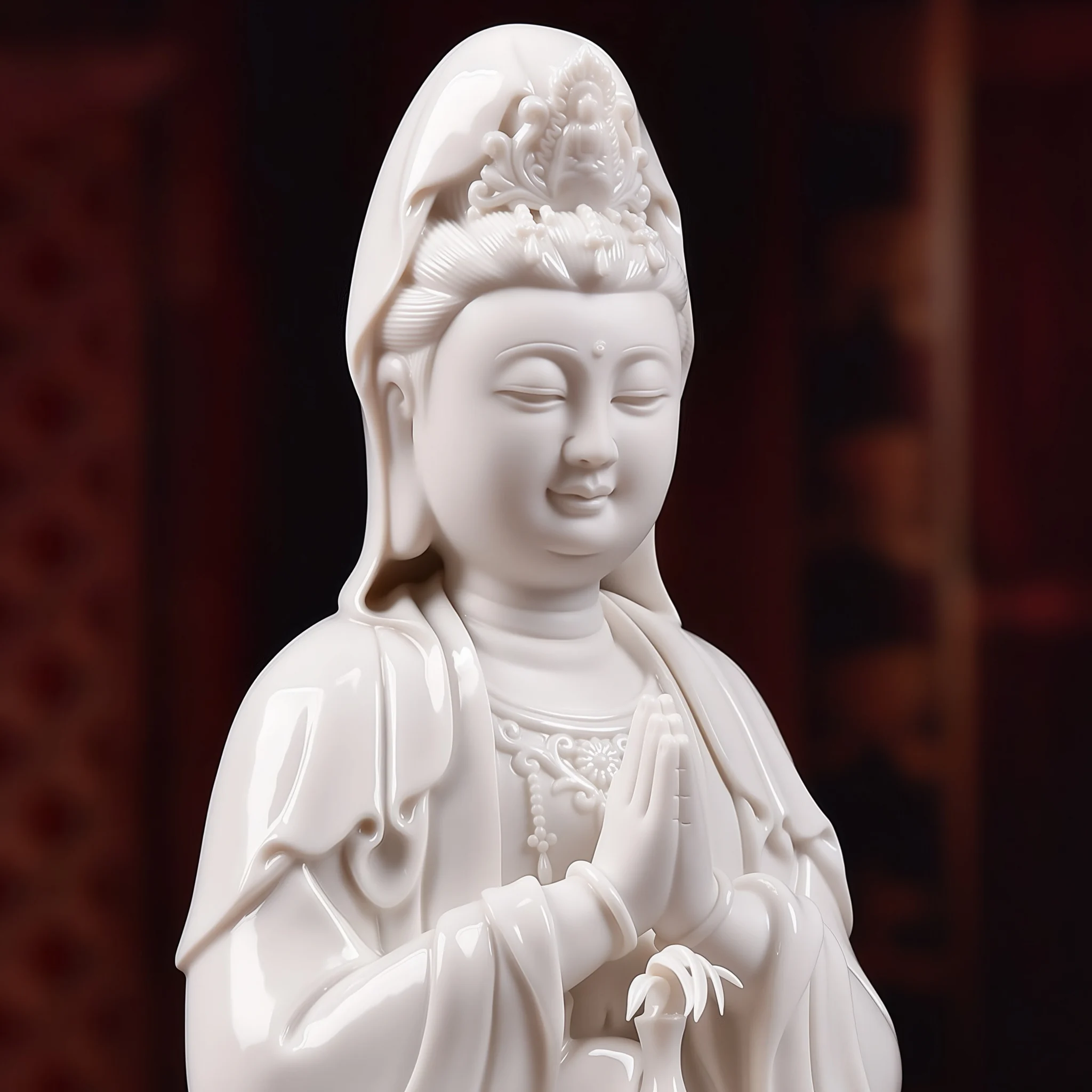 Three-quarter close-up of the crown, face, joined hands and sprig on the 29.5 cm (11.6 in) porcelain Kuan Yin