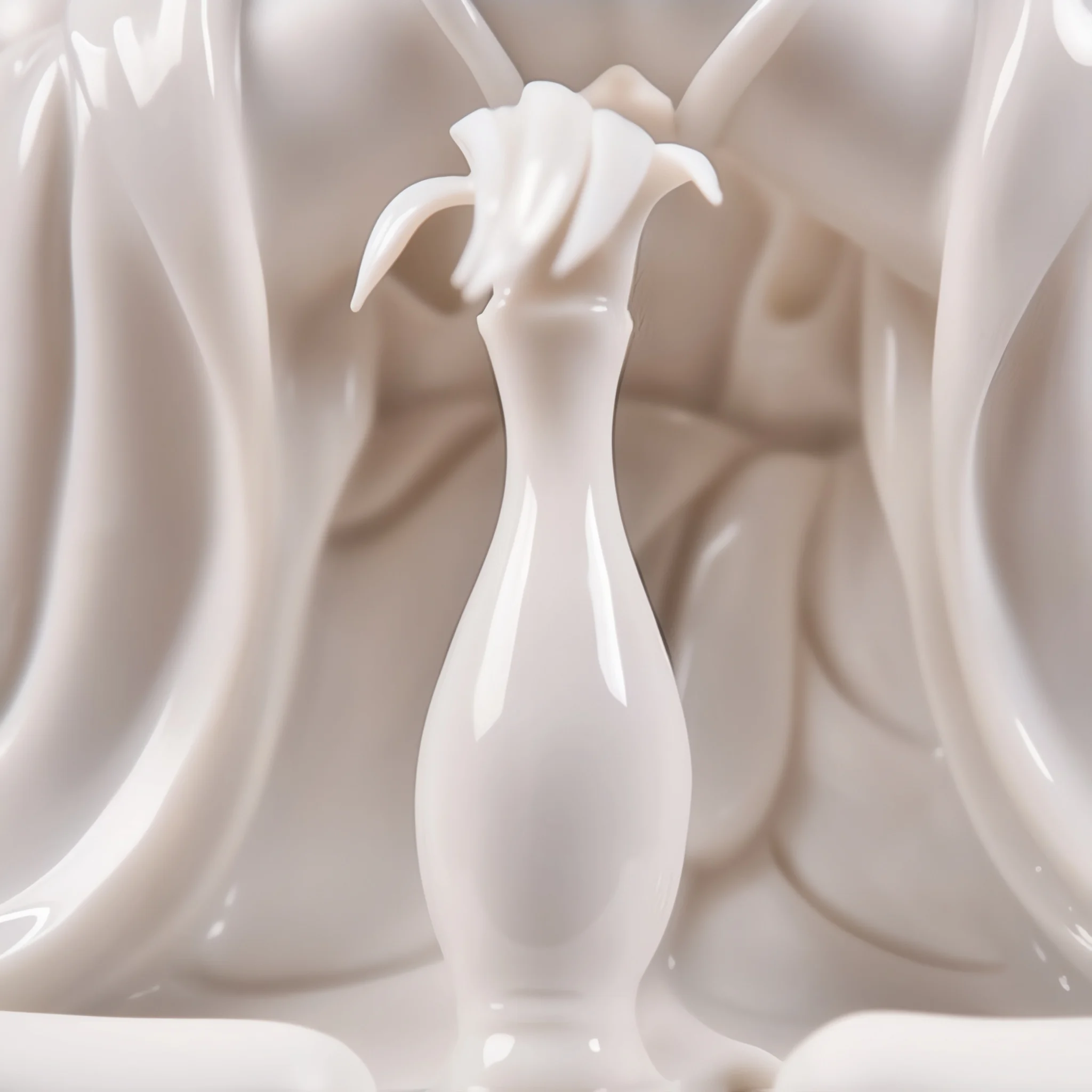 Slender vase and sculpted leaves resting below the joined palms of the 29.5 cm (11.6 in) white porcelain Guanyin