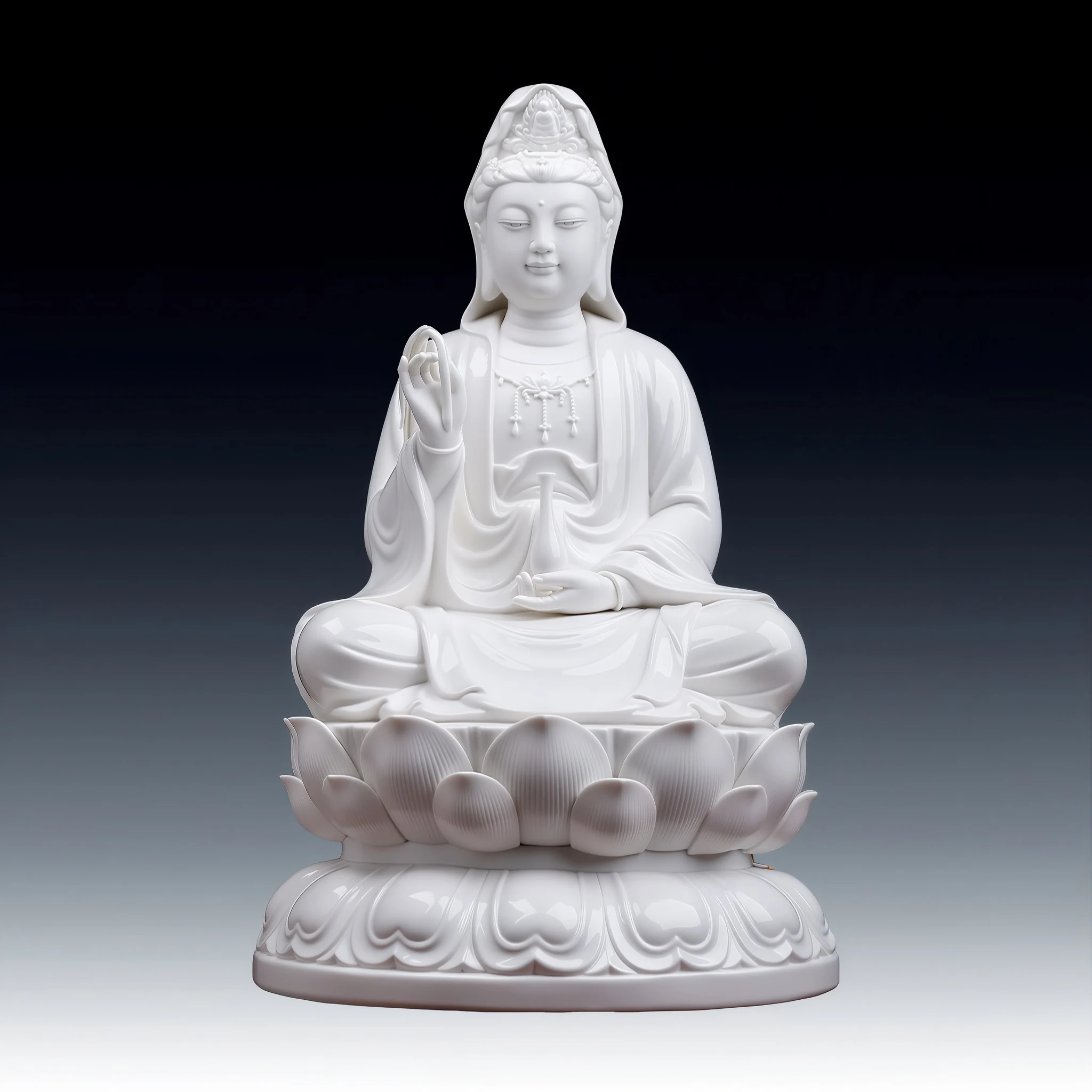 Front view of the 41 cm (16.1 in) white porcelain Quanlian Guanyin statue, holding a vase above a layered lotus base