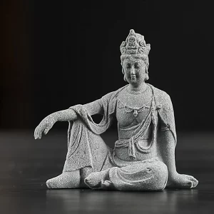 Small gray Royal Ease Guanyin statue, 6.5 cm tall, with one knee raised and a resting arm