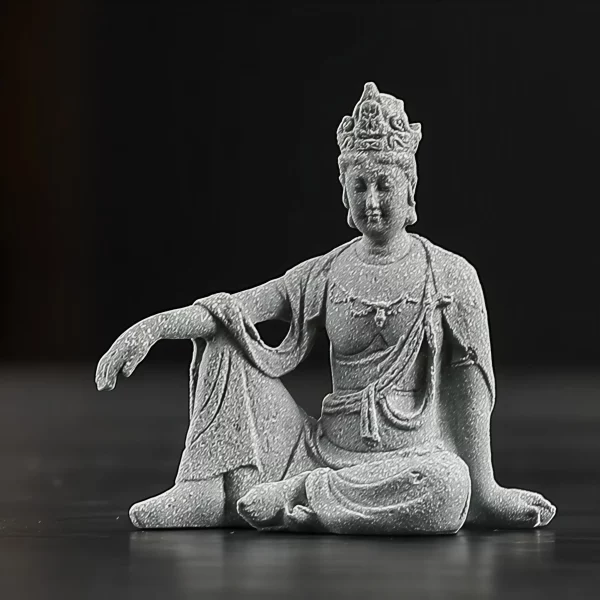 Small gray Royal Ease Guanyin statue, 6.5 cm tall, with one knee raised and a resting arm