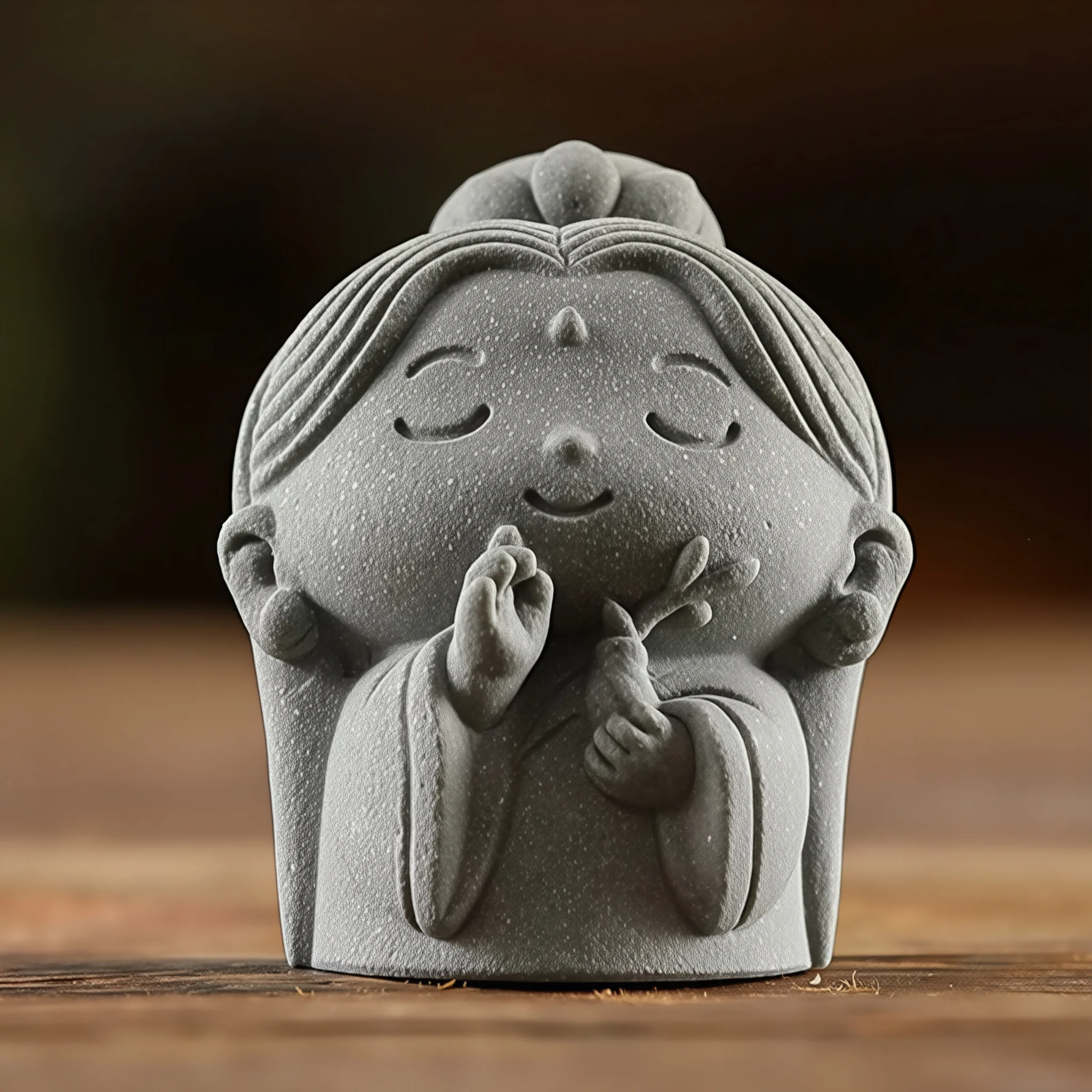 Ruyi Guanyin figurine in gray with a smiling face, raised hand and tiny vase, 5 cm high