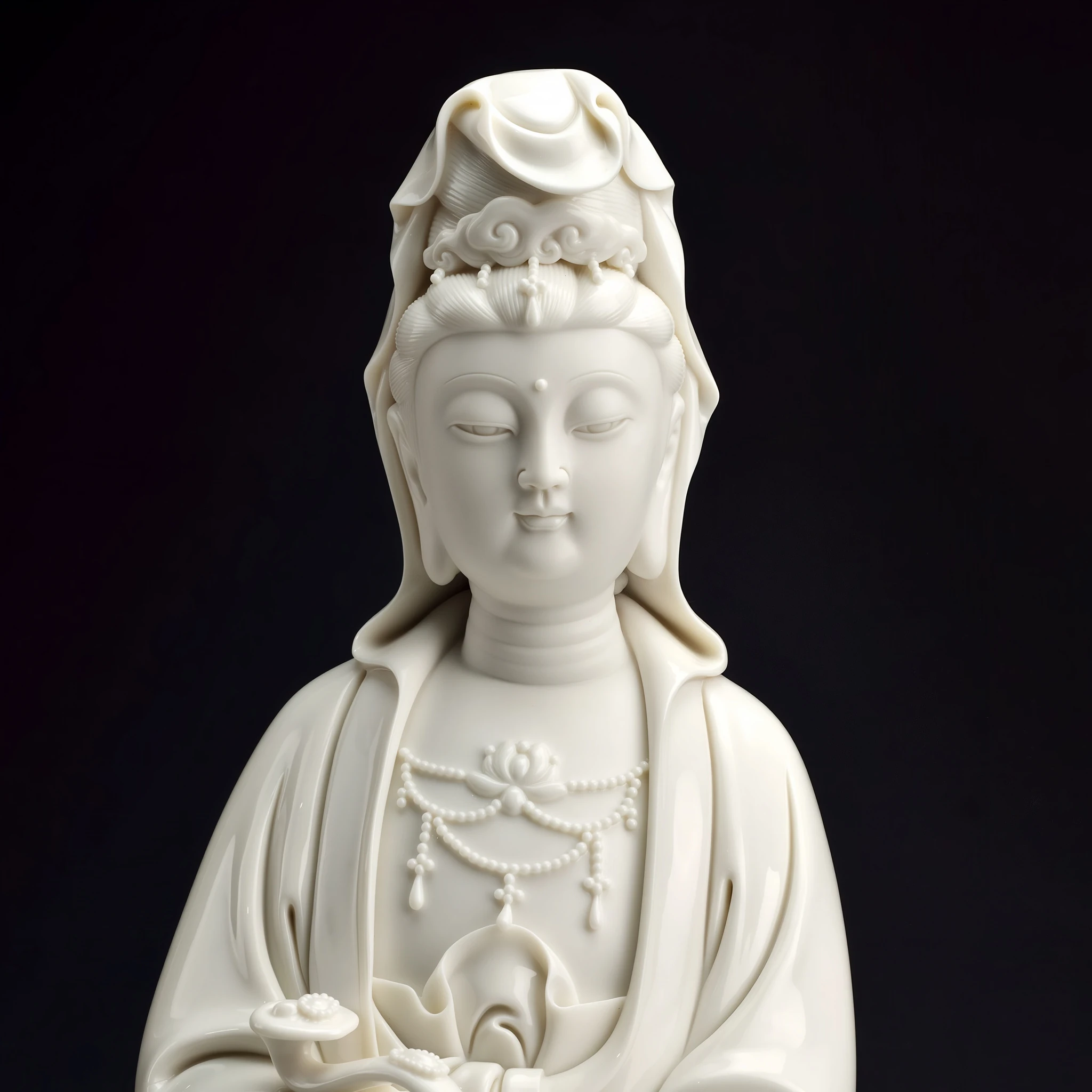 Face and crown of the white Ruyi Guanyin statue, with lowered eyes