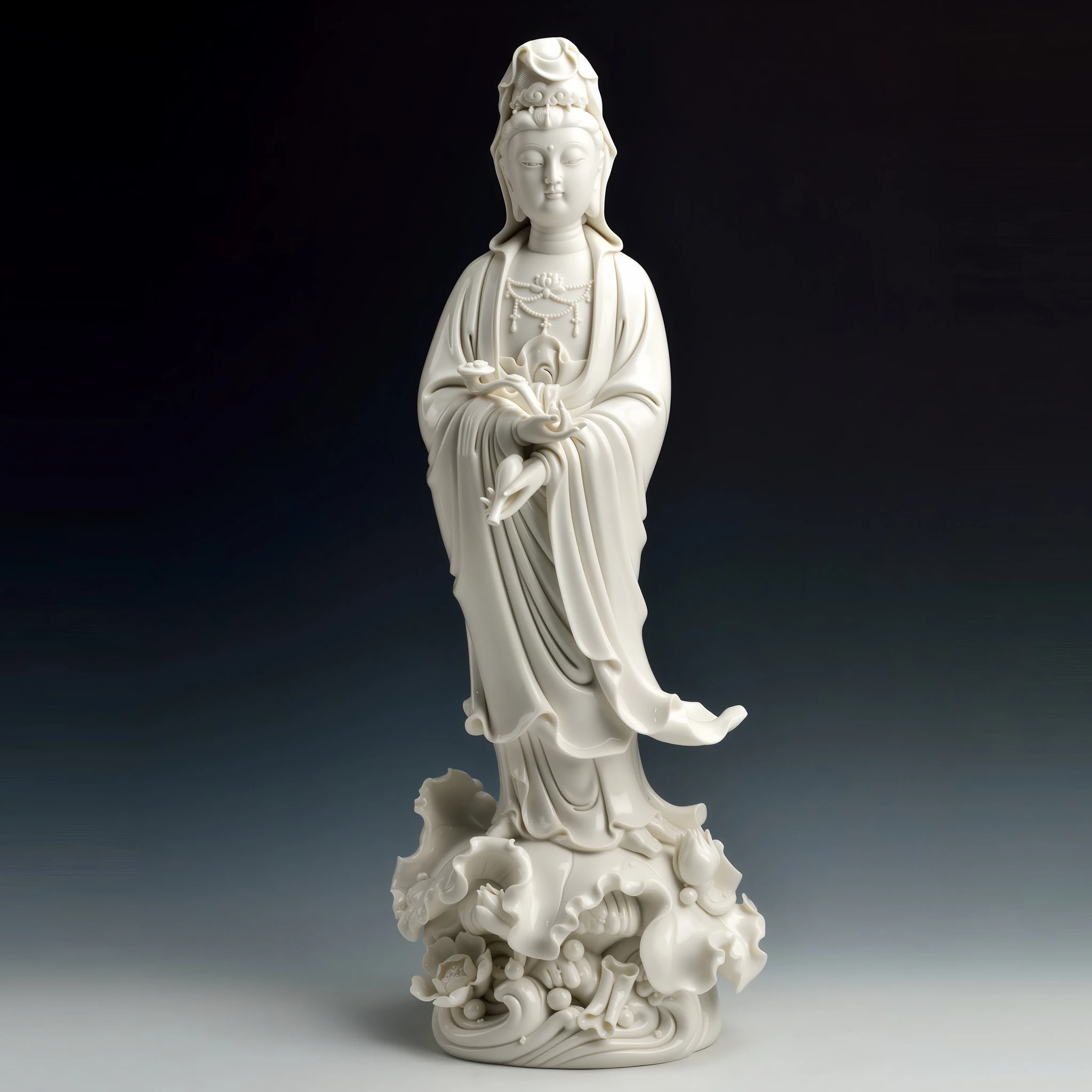 Standing Ruyi Guanyin statue in white, 48 cm (18.9 in) tall, on a lotus and wave base