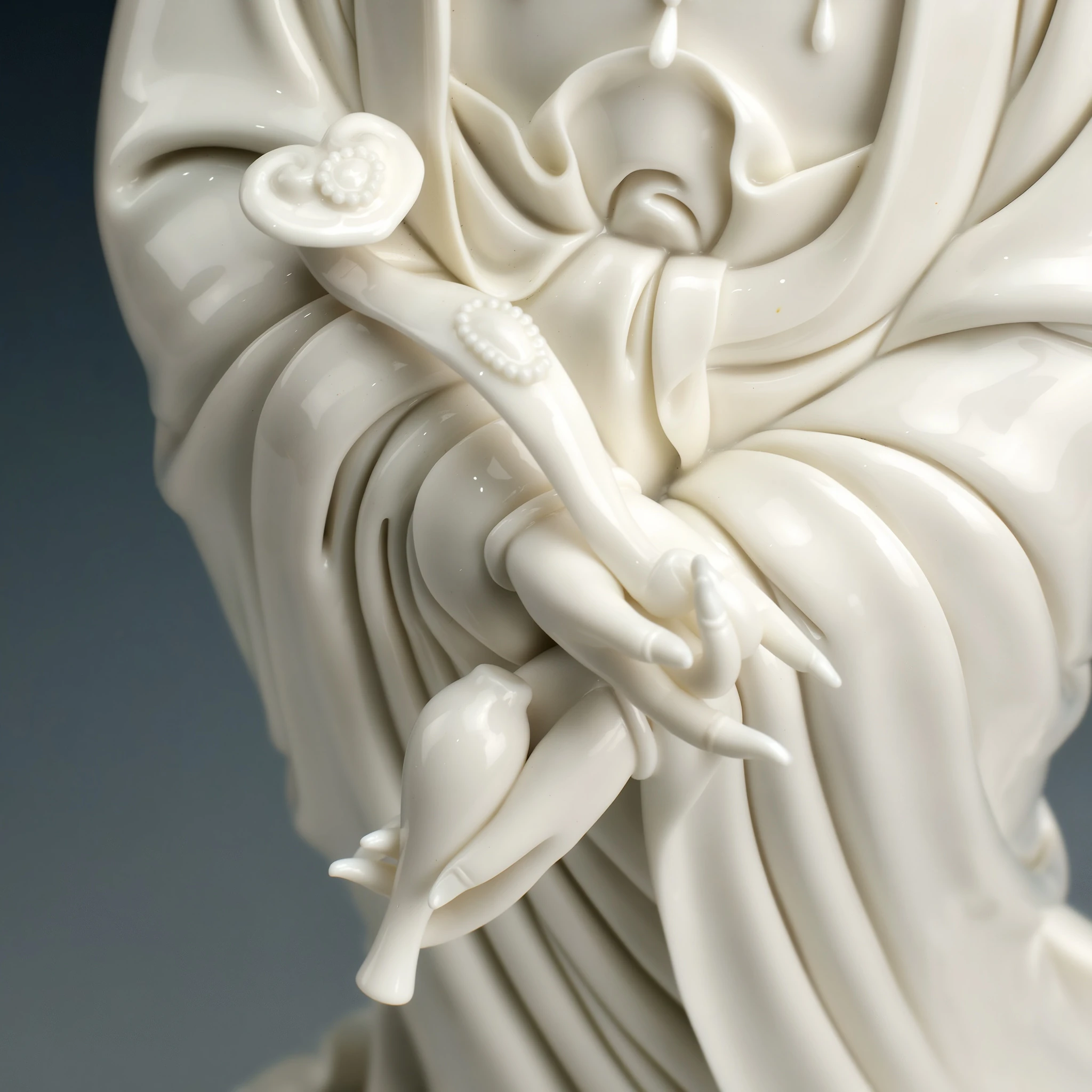 Hands holding a curved ruyi scepter and small vase on the white Guanyin statue