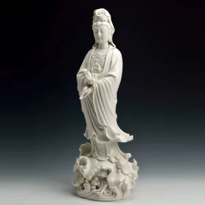 Three-quarter view of the white Ruyi Guanyin statue, showing the flowing robe and pierced lotus base