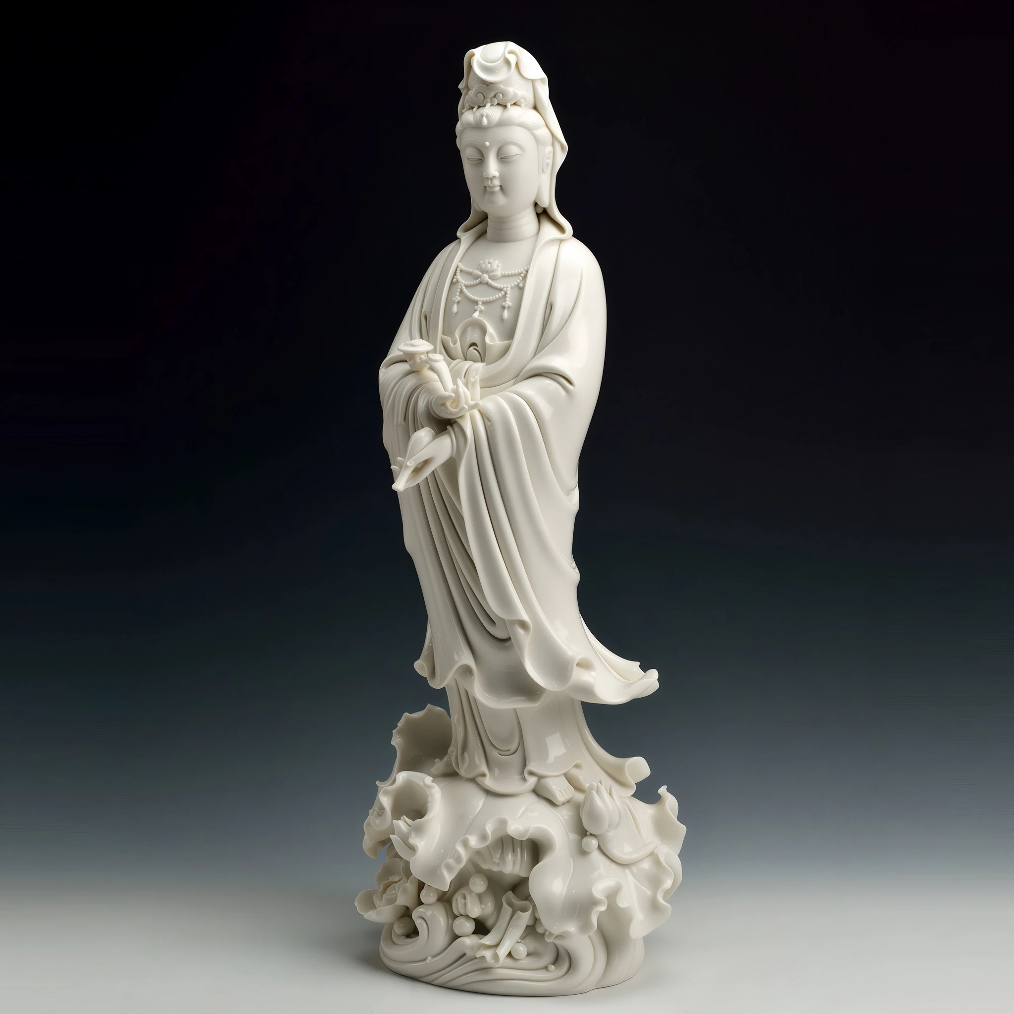 Three-quarter view of the white Ruyi Guanyin statue, showing the flowing robe and pierced lotus base