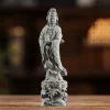 Gray Sea-Crossing Guanyin figurine holding a vase, standing on a lotus and curling-wave pedestal, 15.5 cm tall