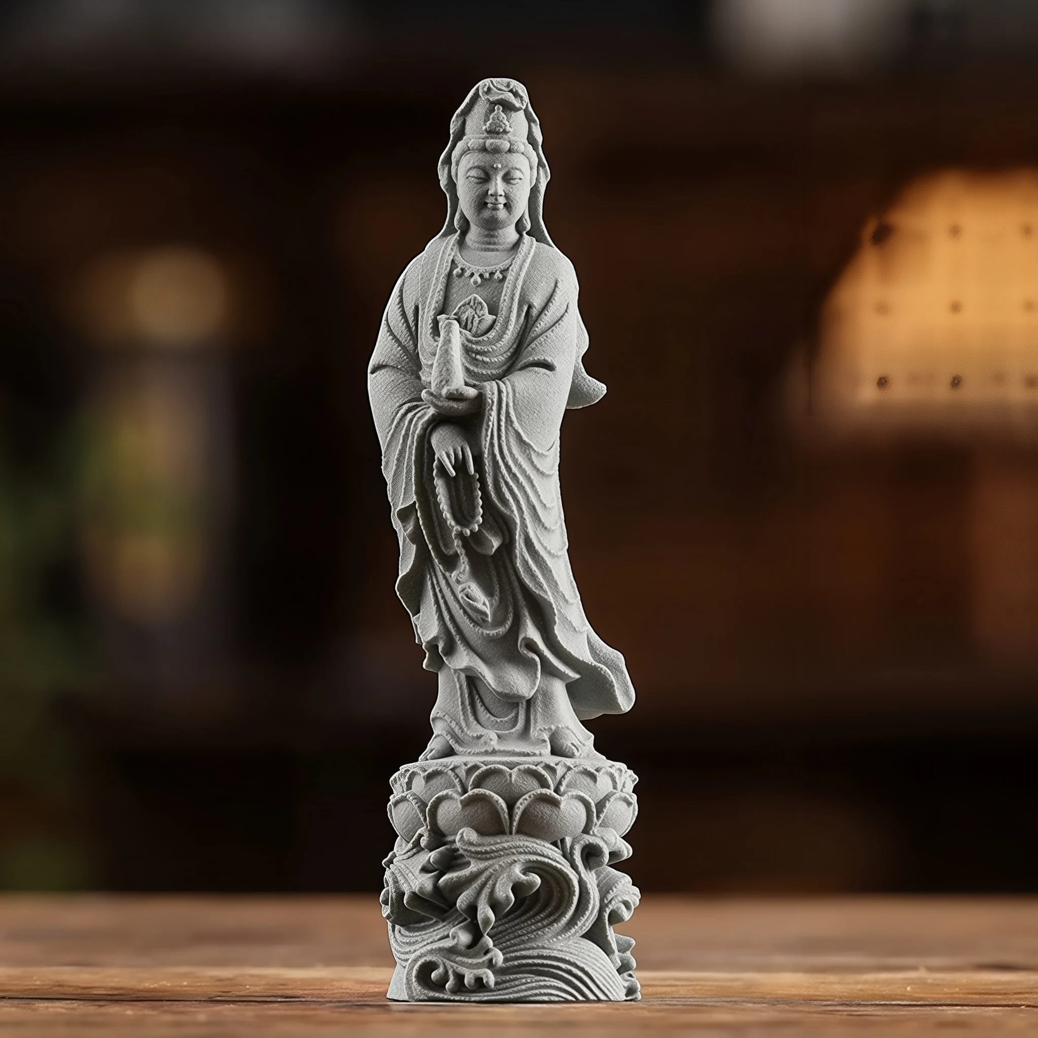 Gray Sea-Crossing Guanyin figurine holding a vase, standing on a lotus and curling-wave pedestal, 15.5 cm tall