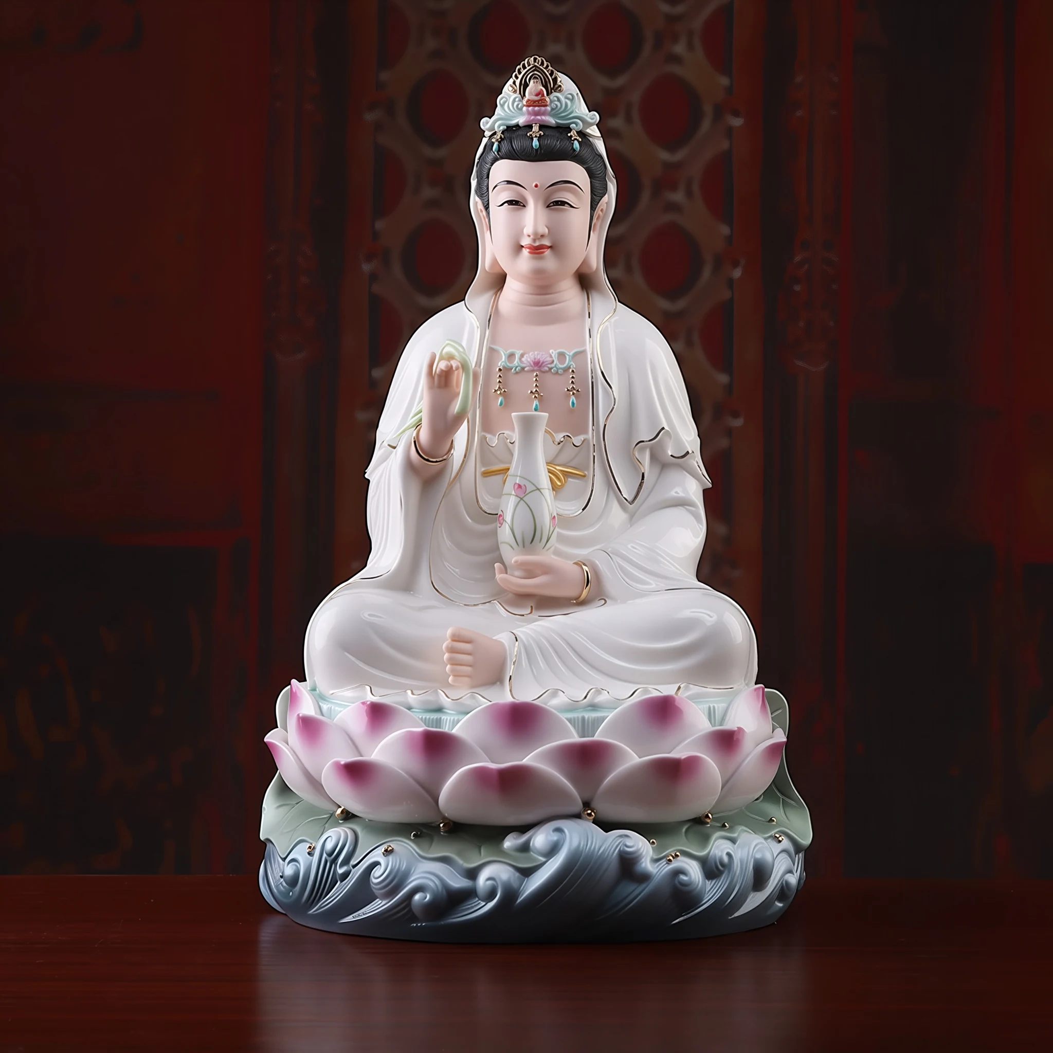 29.5 cm Shuilang Guanyin holding a painted vase, in white robes with gold-tone trim and purple-pink lotus petals above curling blue waves