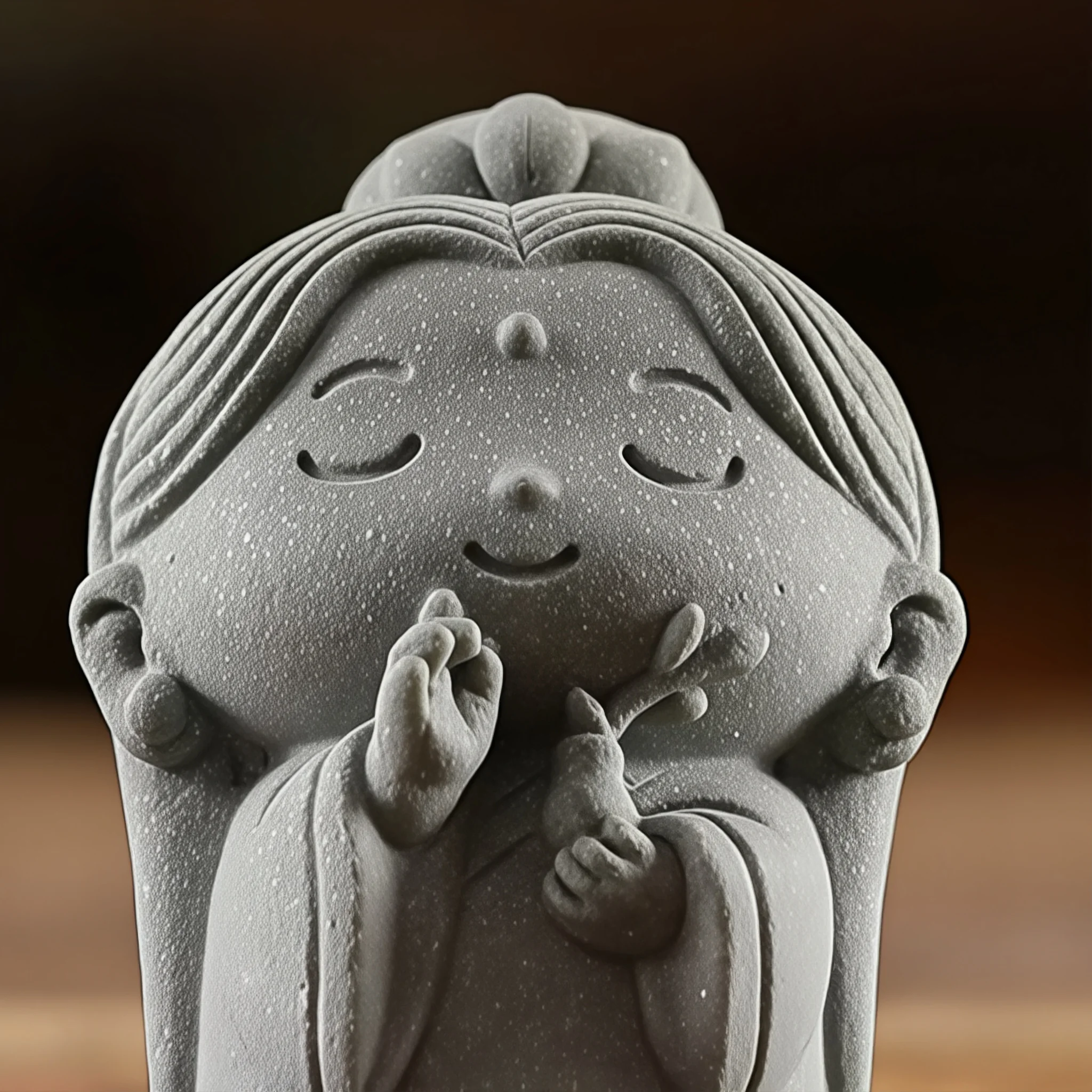 Mini Kuan Yin detail showing closed eyes, a small smile, raised fingers, vase and leafy sprig