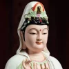 Close-up of the painted Songzi Guanyin face, lowered eyes, jeweled crown and white veil