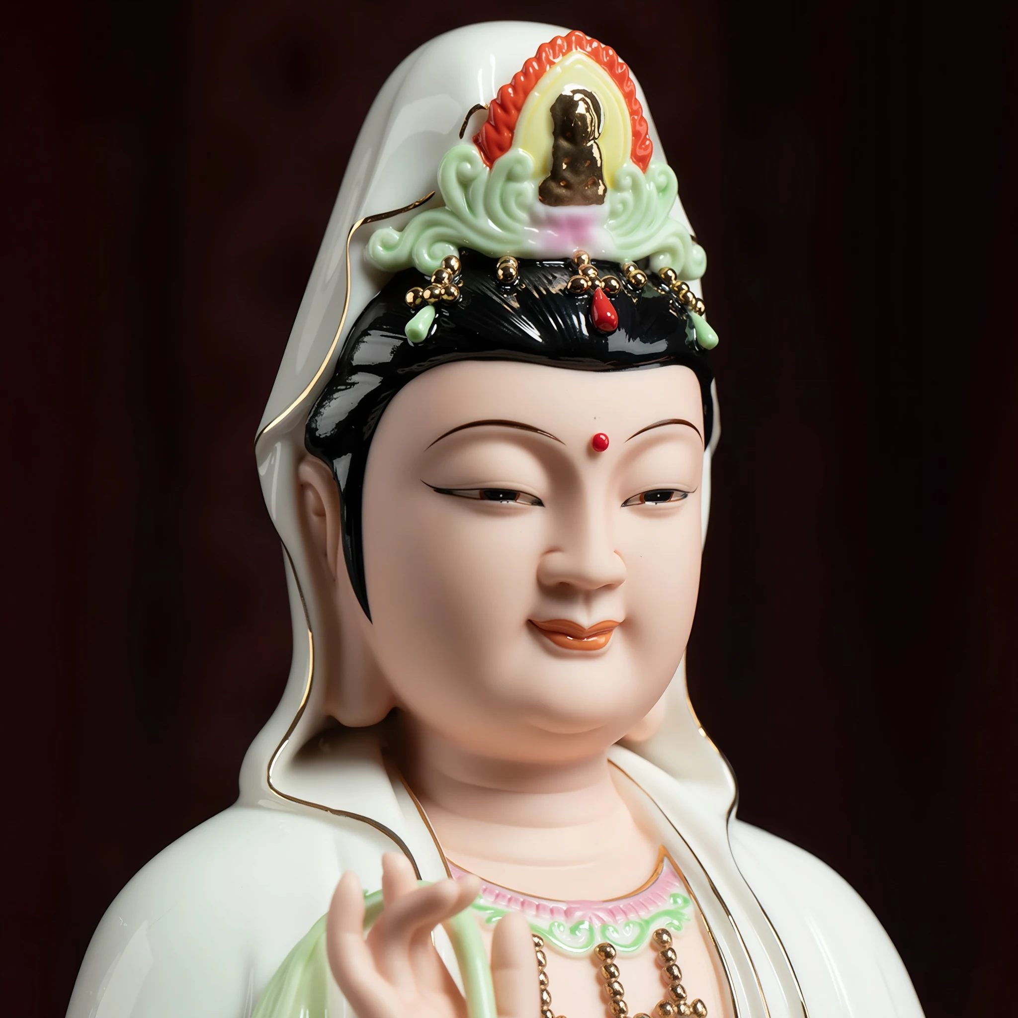 Close-up of the painted Songzi Guanyin face, lowered eyes, jeweled crown and white veil