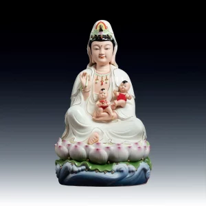 Front of Songzi Guanyin with two boys in red bibs, above a pink lotus, green leaves and blue wave base