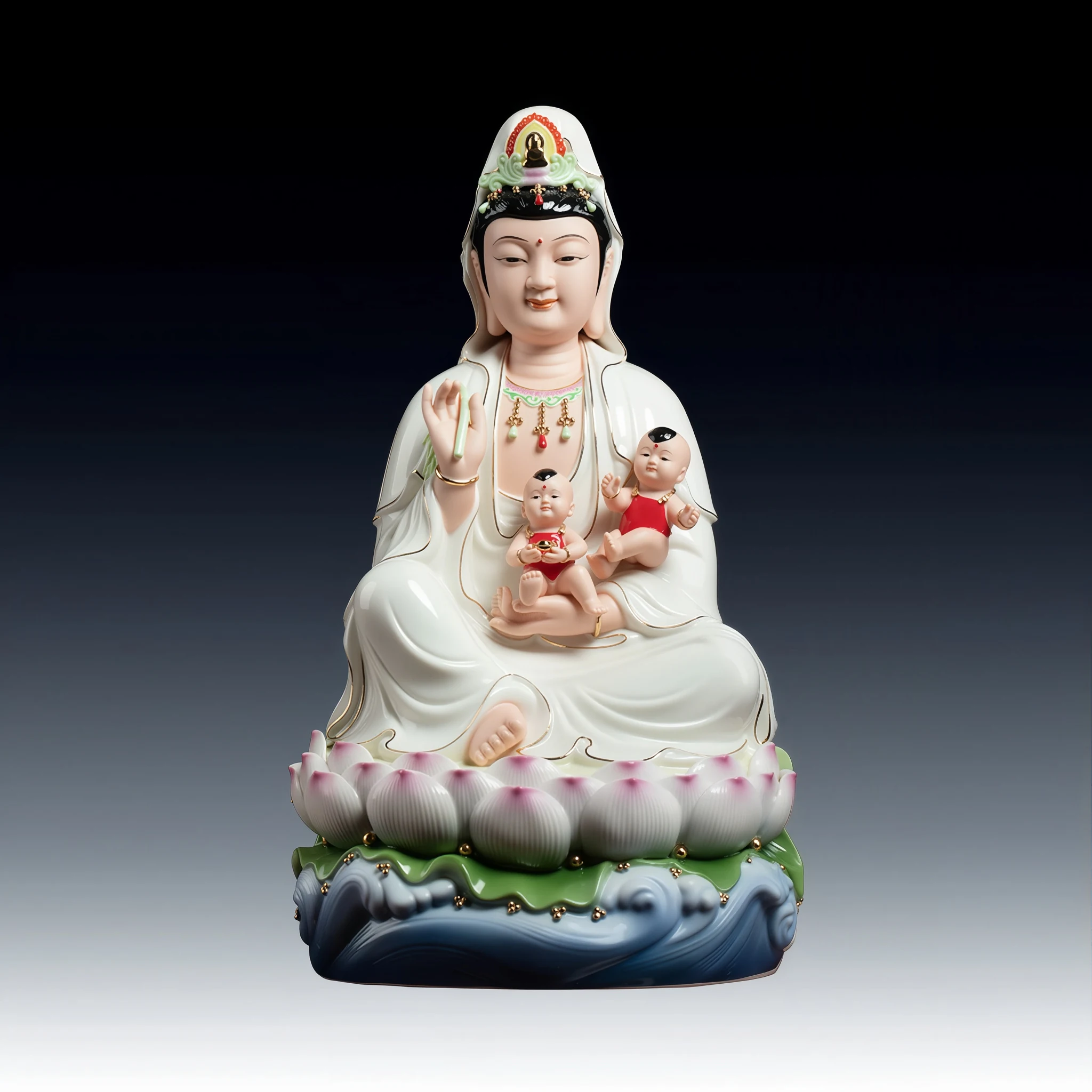 Front of Songzi Guanyin with two boys in red bibs, above a pink lotus, green leaves and blue wave base