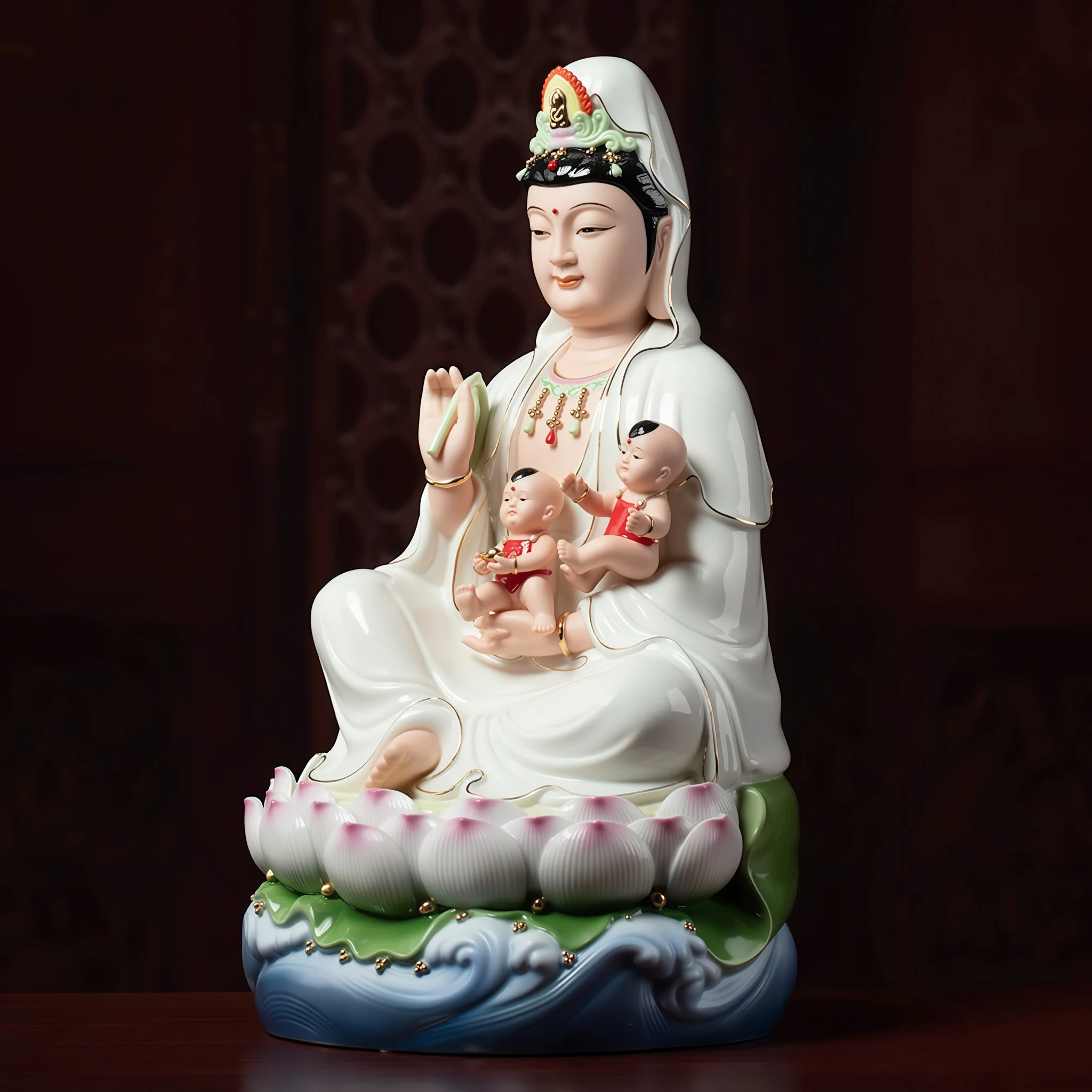 Three-quarter view of the blue-wave Songzi Kuan Yin statue showing both children and the folded white robes