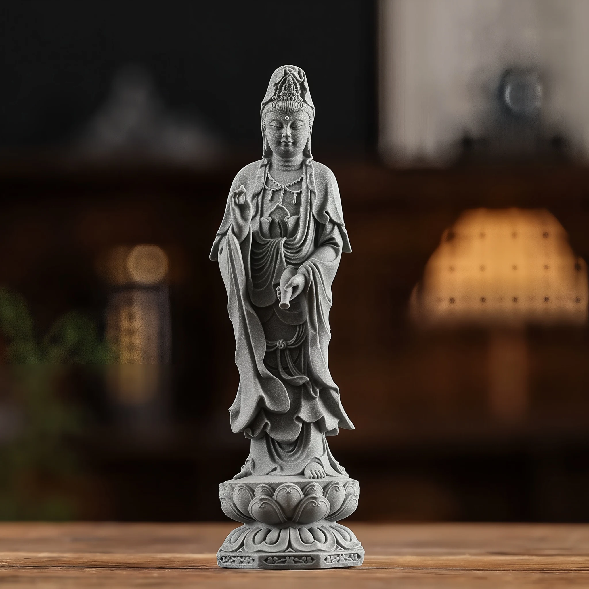 Standing Jingping Guanyin statue in gray, holding a water vase above a lotus pedestal, 19.5 cm high