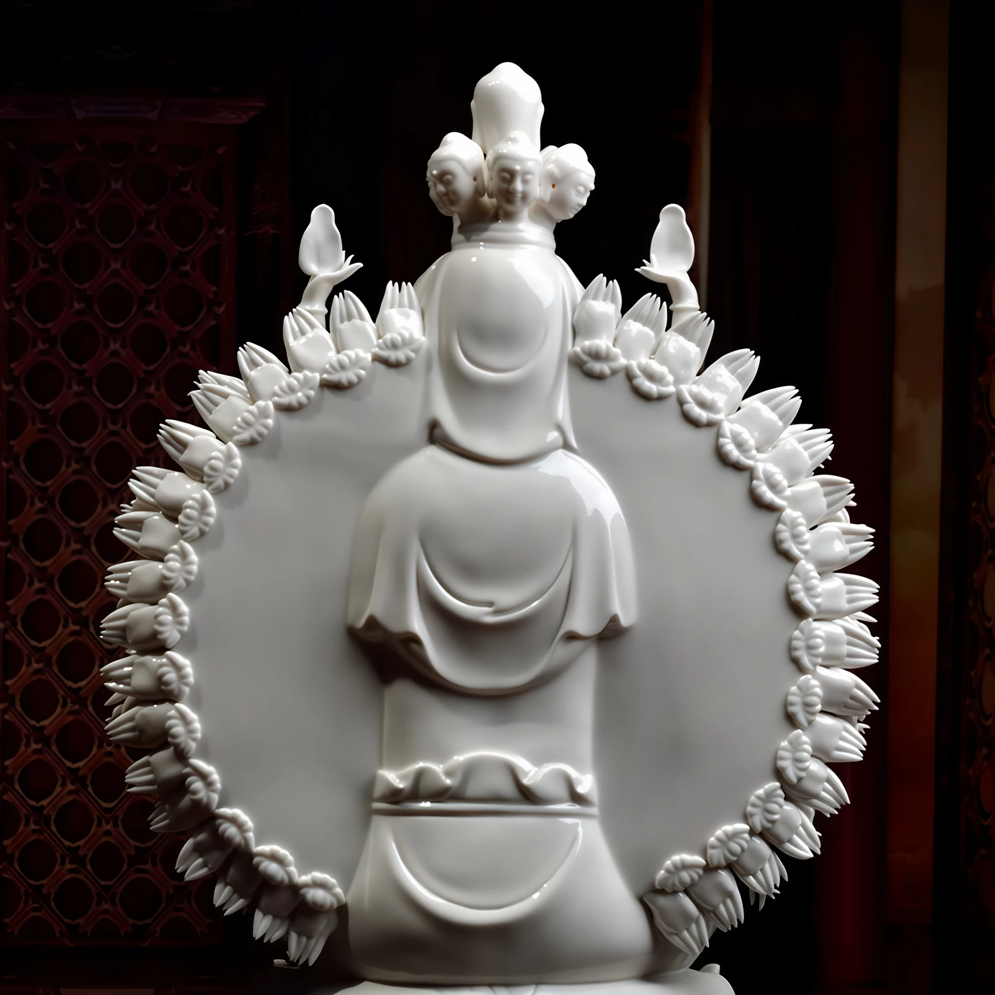 Rear detail of the Qianshou Guanyin arm fan and draped central back, with the base outside the crop