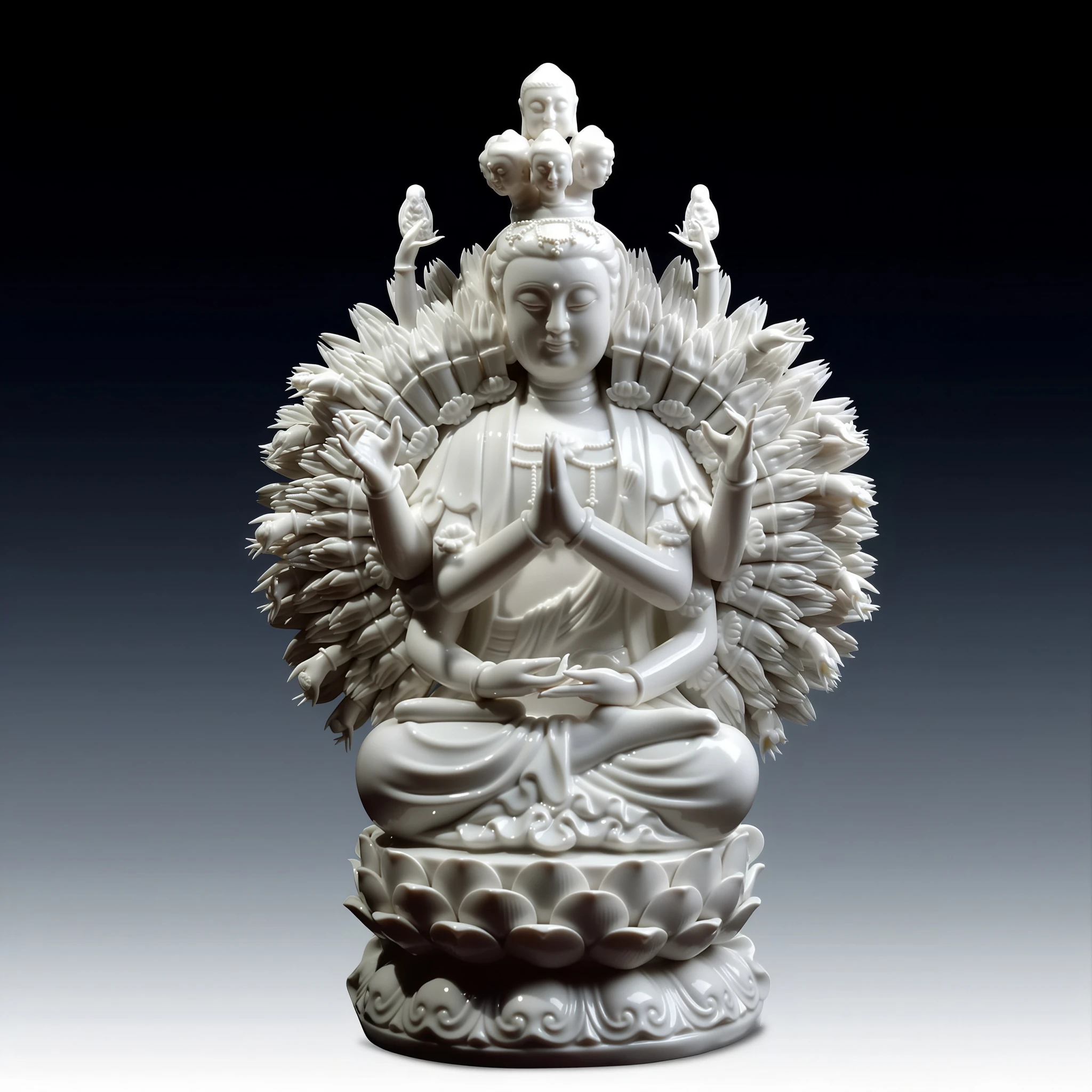 White porcelain Thousand-Armed Guanyin seated on a lotus base, with joined palms and a fan of hands