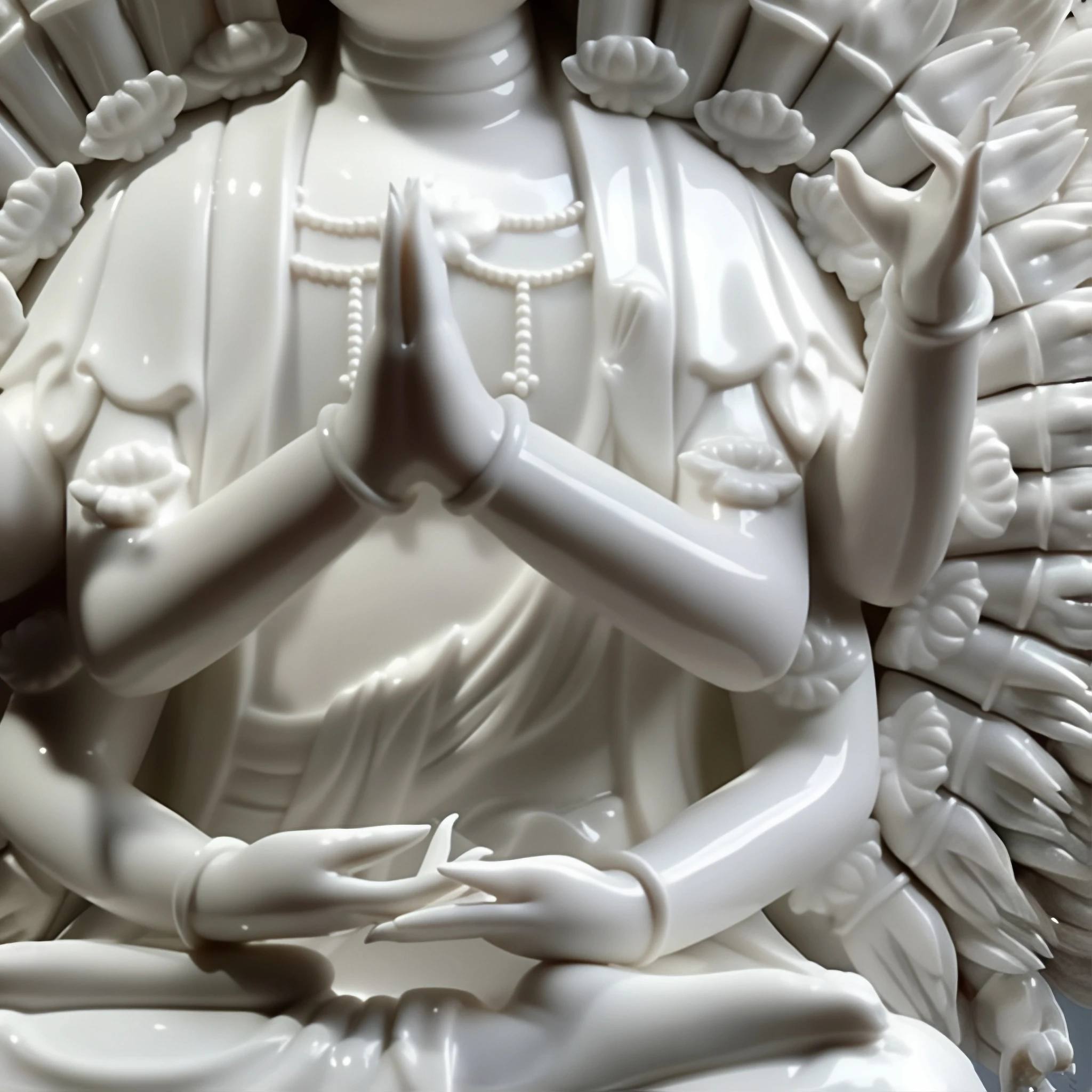 Central joined palms and lower hand gestures on the white porcelain Guanyin statue