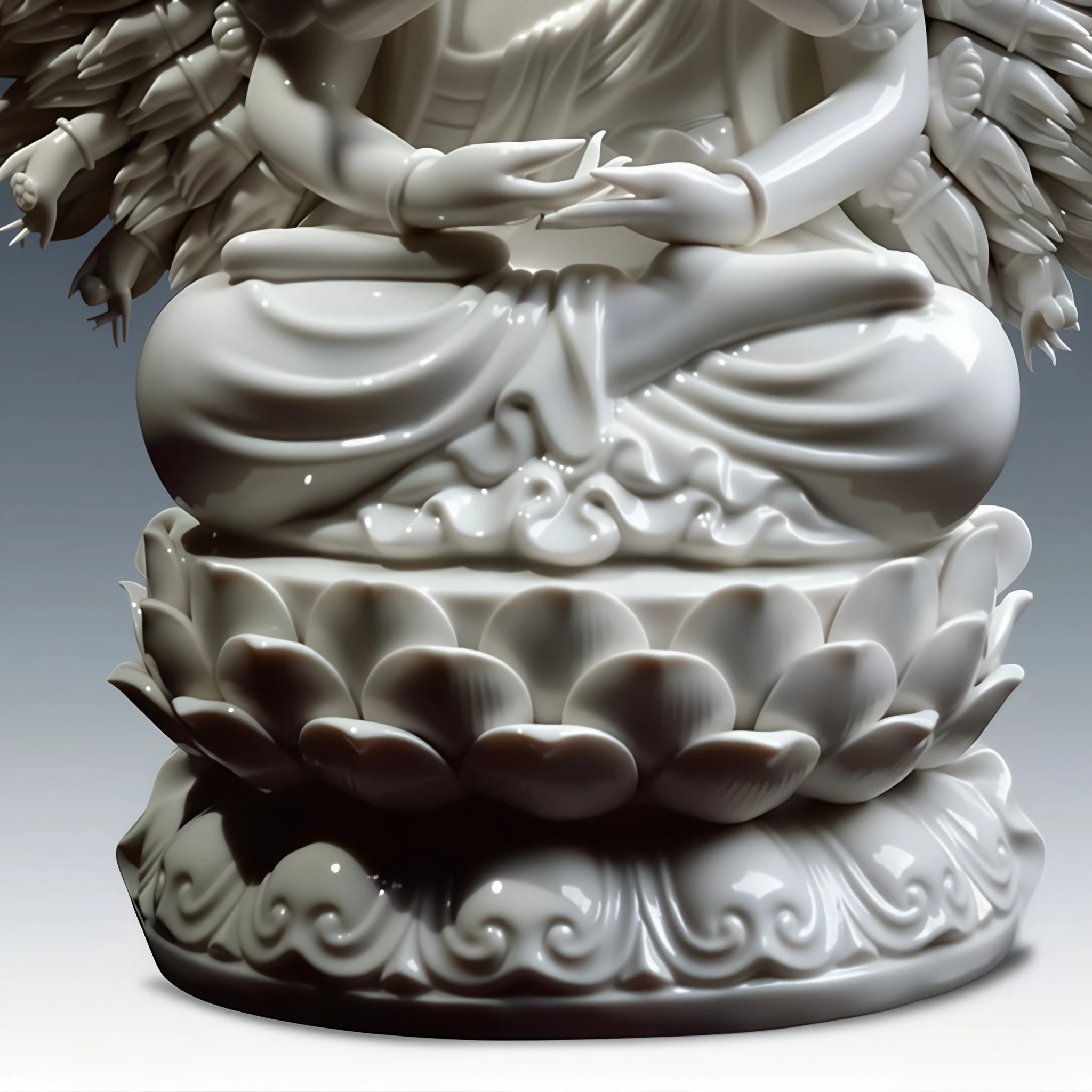 Layered lotus petals and curling relief below the crossed legs of the Thousand-Armed Guanyin