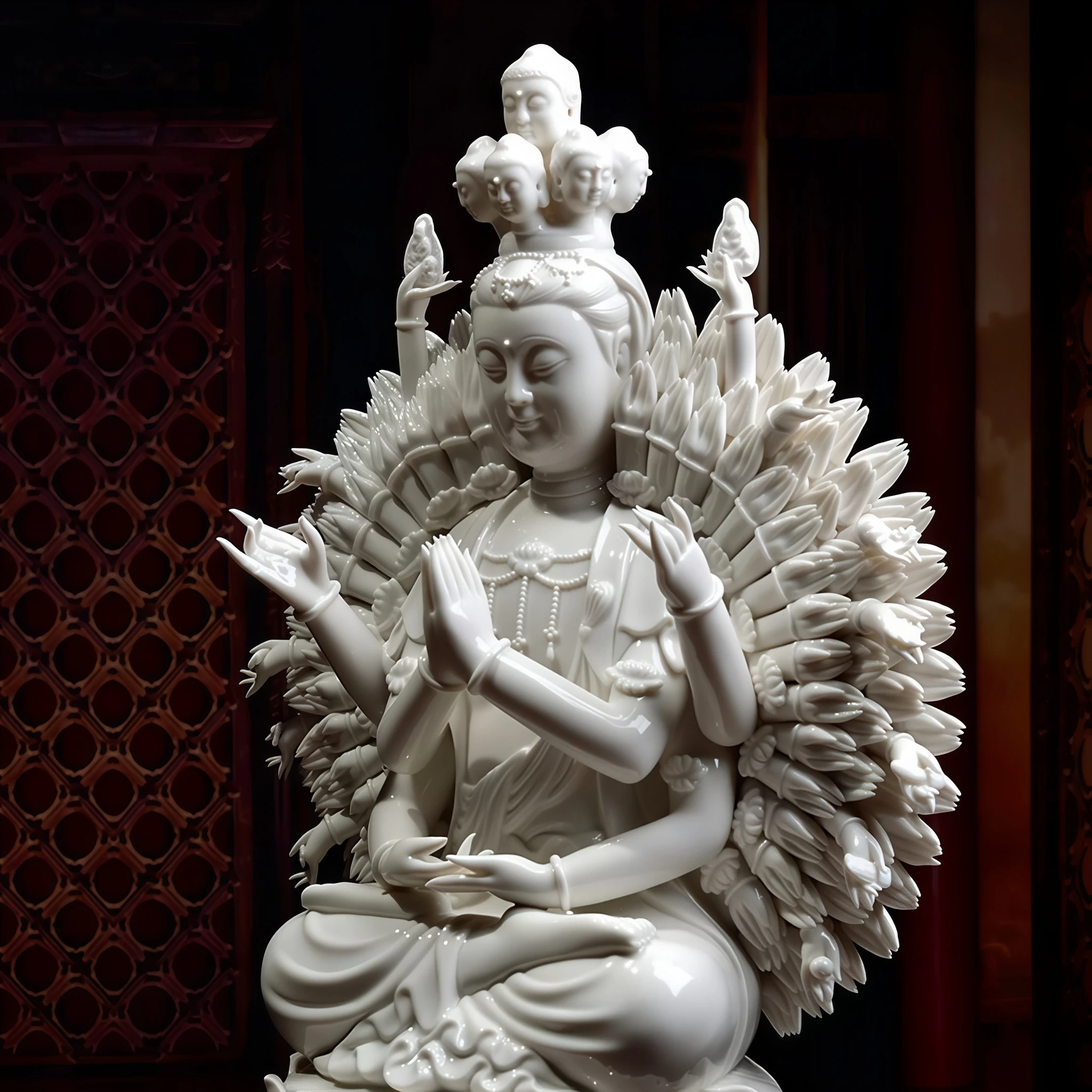 Opposite upper view of the white Thousand-Armed Kuan Yin, showing the layered arms and folded legs