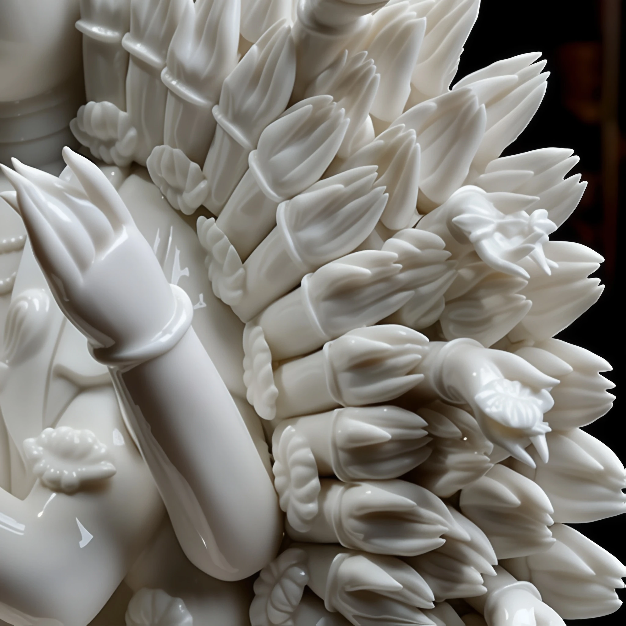 Close-up of the overlapping porcelain hands radiating beside Qianshou Guanyin