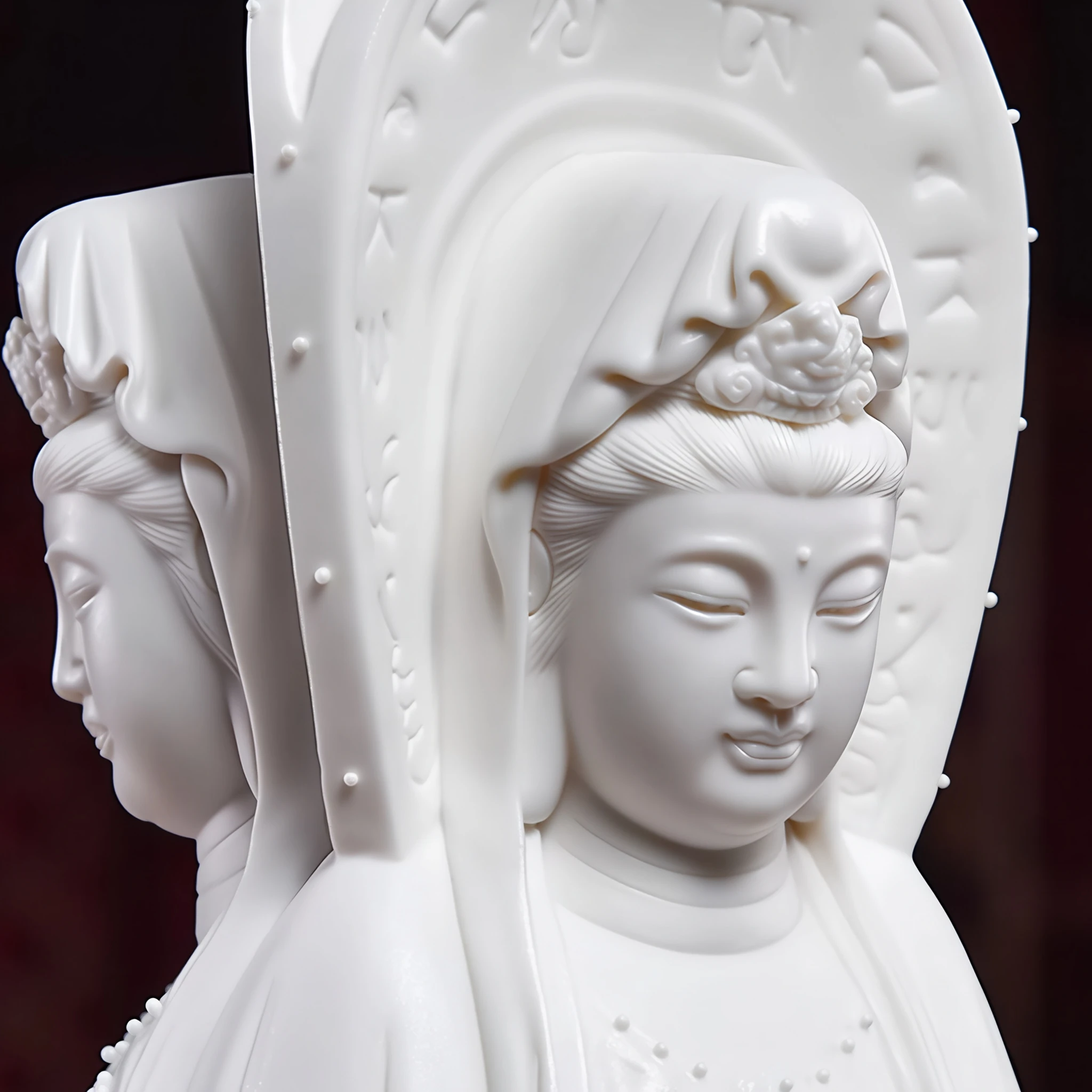 Matte white Guanyin face and part of the halo, with another face in profile behind it