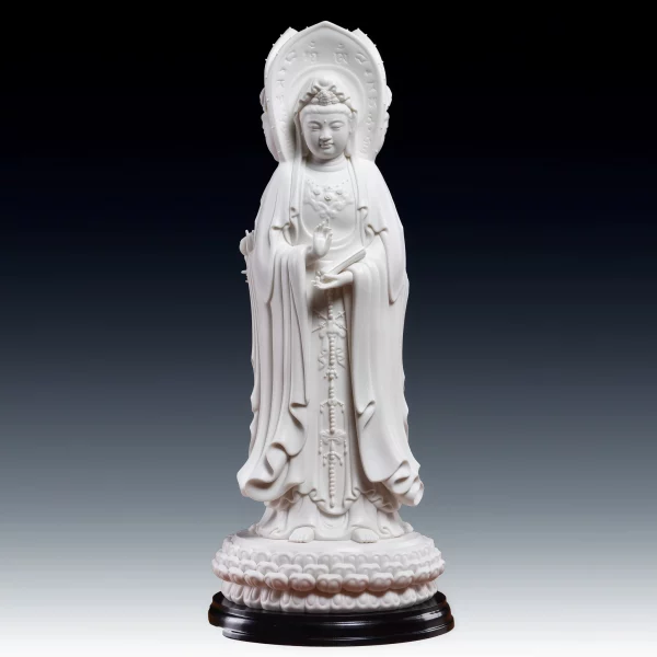 Unglazed white Nanhai Three-Faced Guanyin holding a scripture scroll above a lotus pedestal and black stand