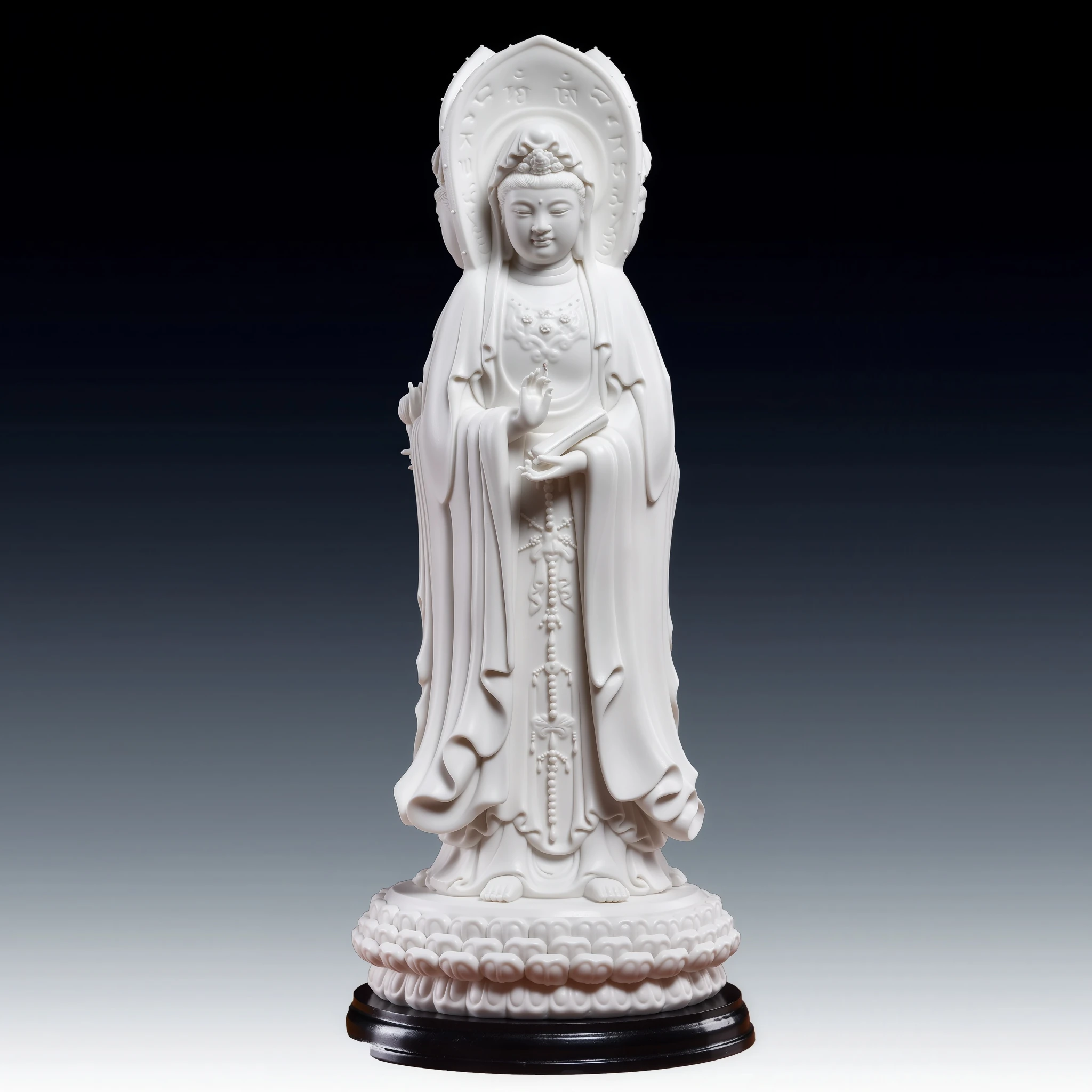 Unglazed white Nanhai Three-Faced Guanyin holding a scripture scroll above a lotus pedestal and black stand